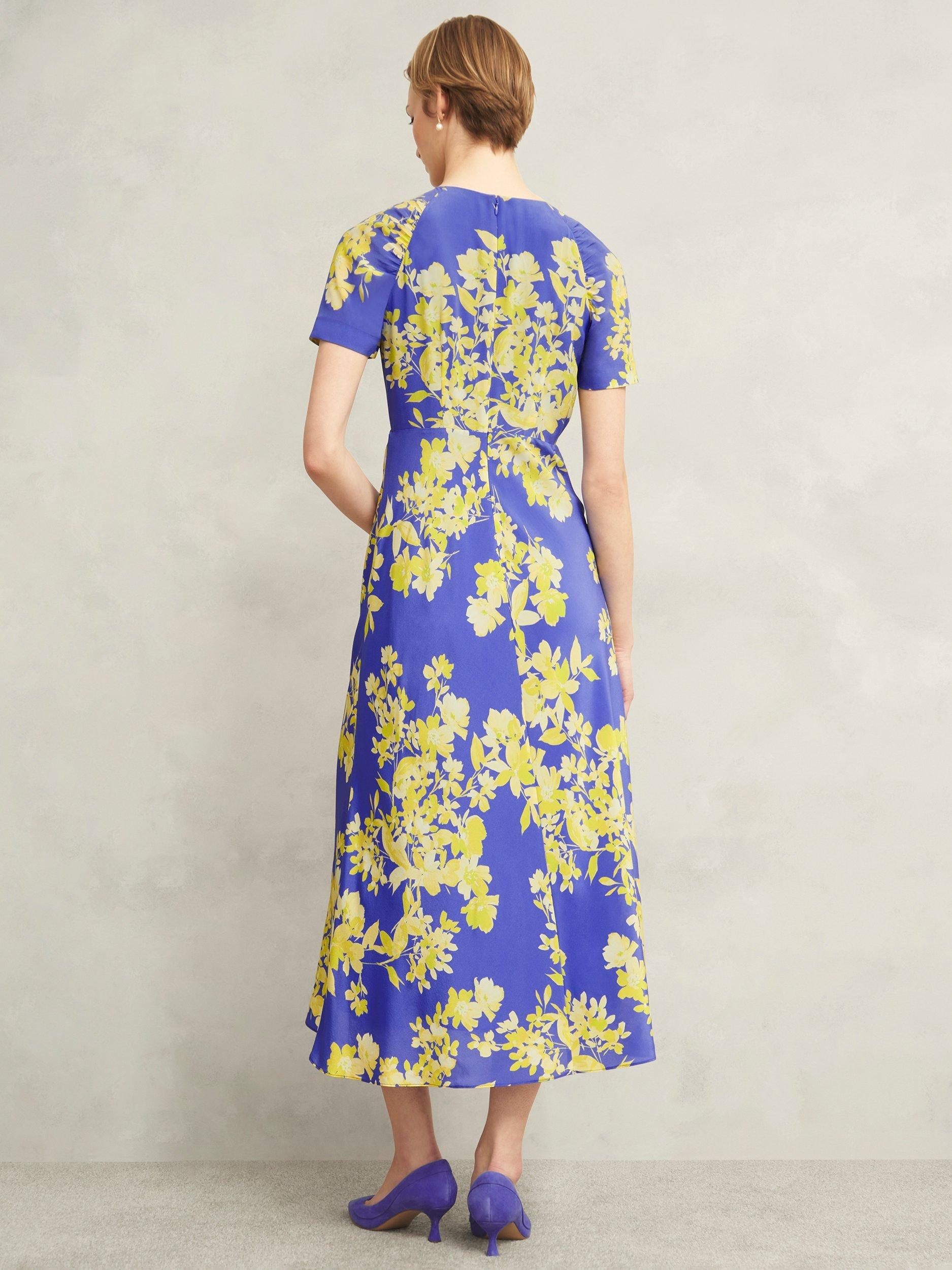 Product image 2 of 6, which shows Hobbs Ann Silk Floral Print Petite Midi Dress, Blue/Yellow, 10