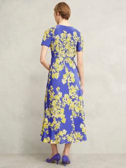 Hobbs Ann Silk Floral Print Petite Midi Dress, Blue/Yellow - view 2, Blue/Yellow