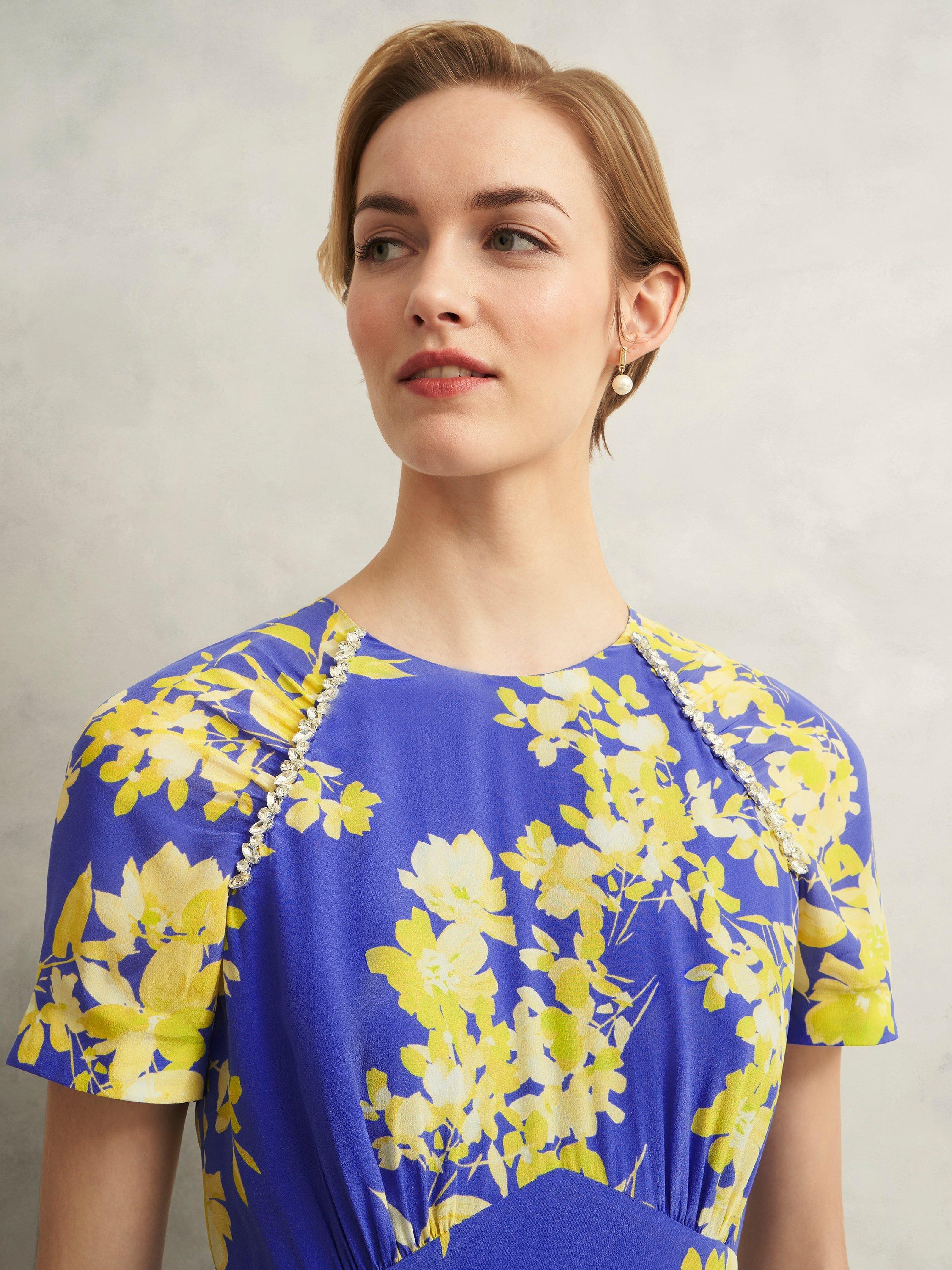 Product image 3 of 6, which shows Hobbs Ann Silk Floral Print Petite Midi Dress, Blue/Yellow, 10