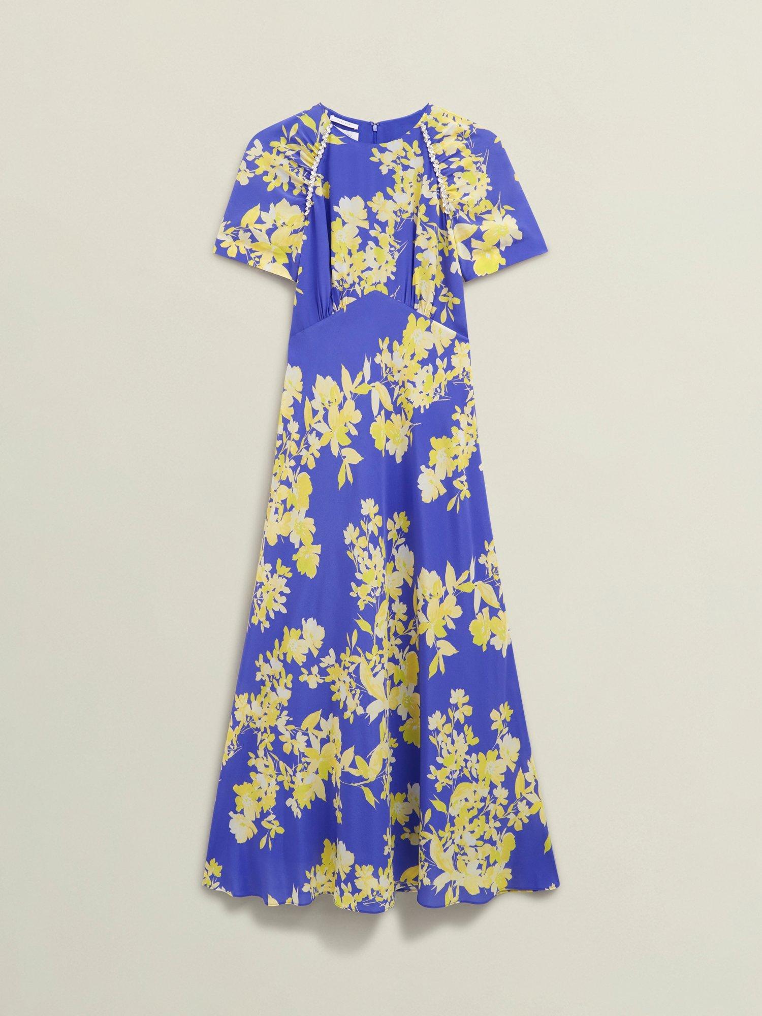 Product image 4 of 6, which shows Hobbs Ann Silk Floral Print Petite Midi Dress, Blue/Yellow, 10