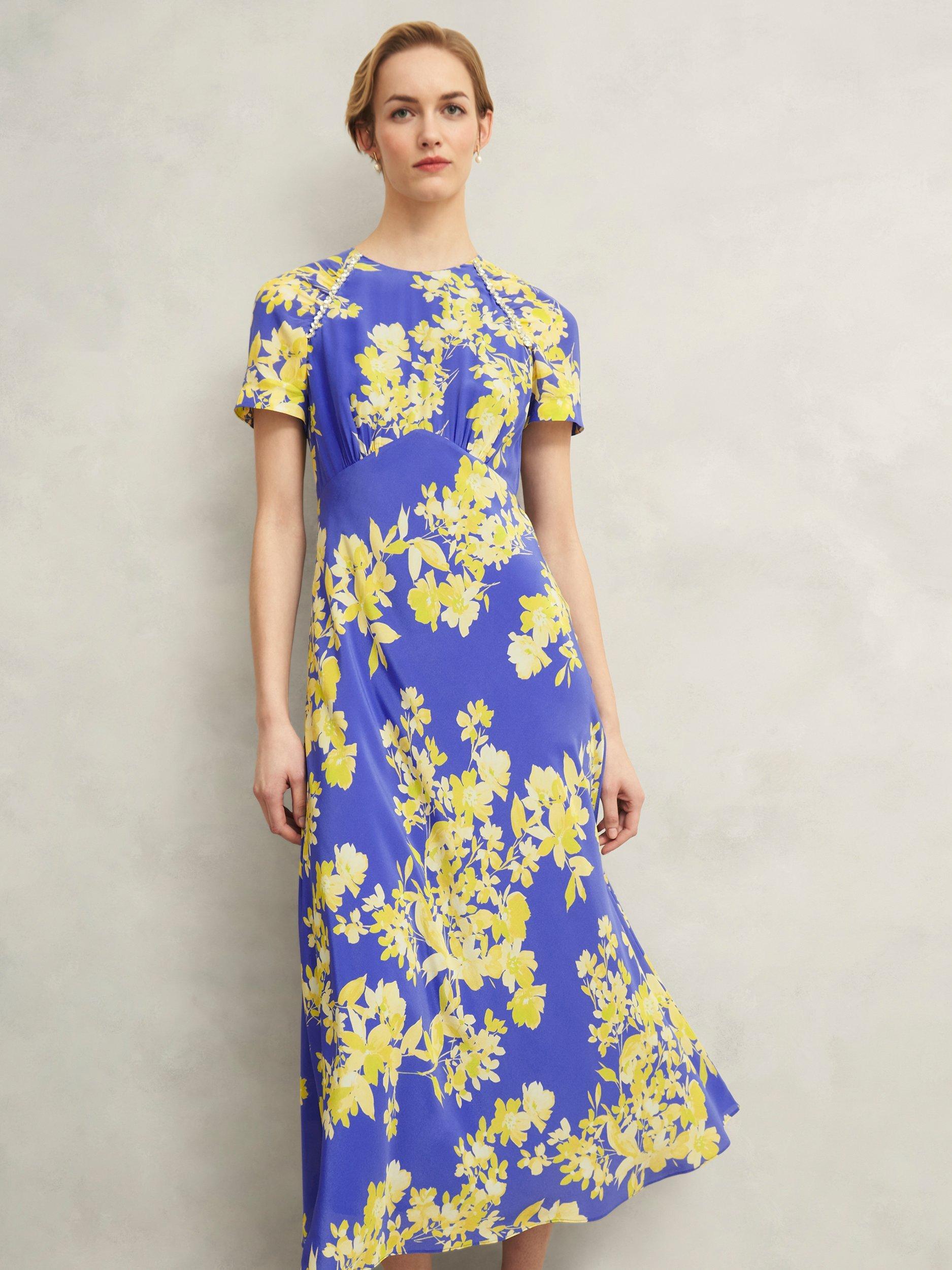 Product image 5 of 6, which shows Hobbs Ann Silk Floral Print Petite Midi Dress, Blue/Yellow, 10