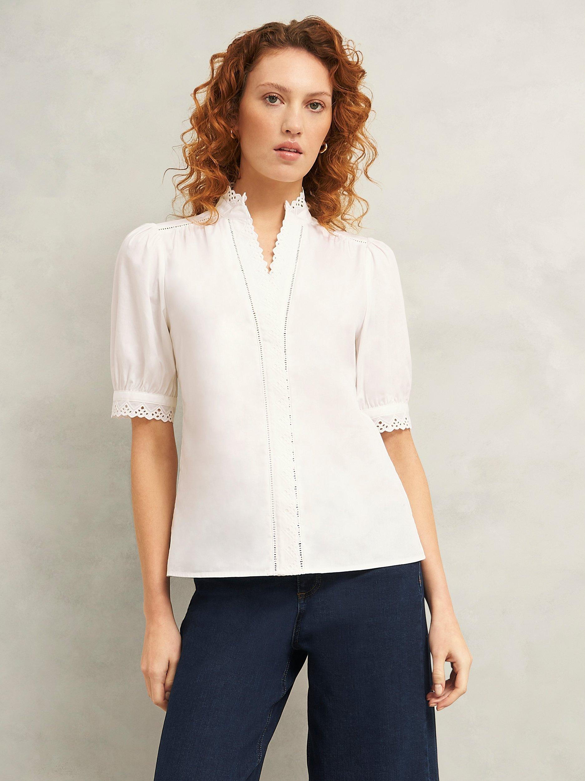 Product image 1 of 5, which shows Hobbs Karis Scallop Trim Blouse, White, 10