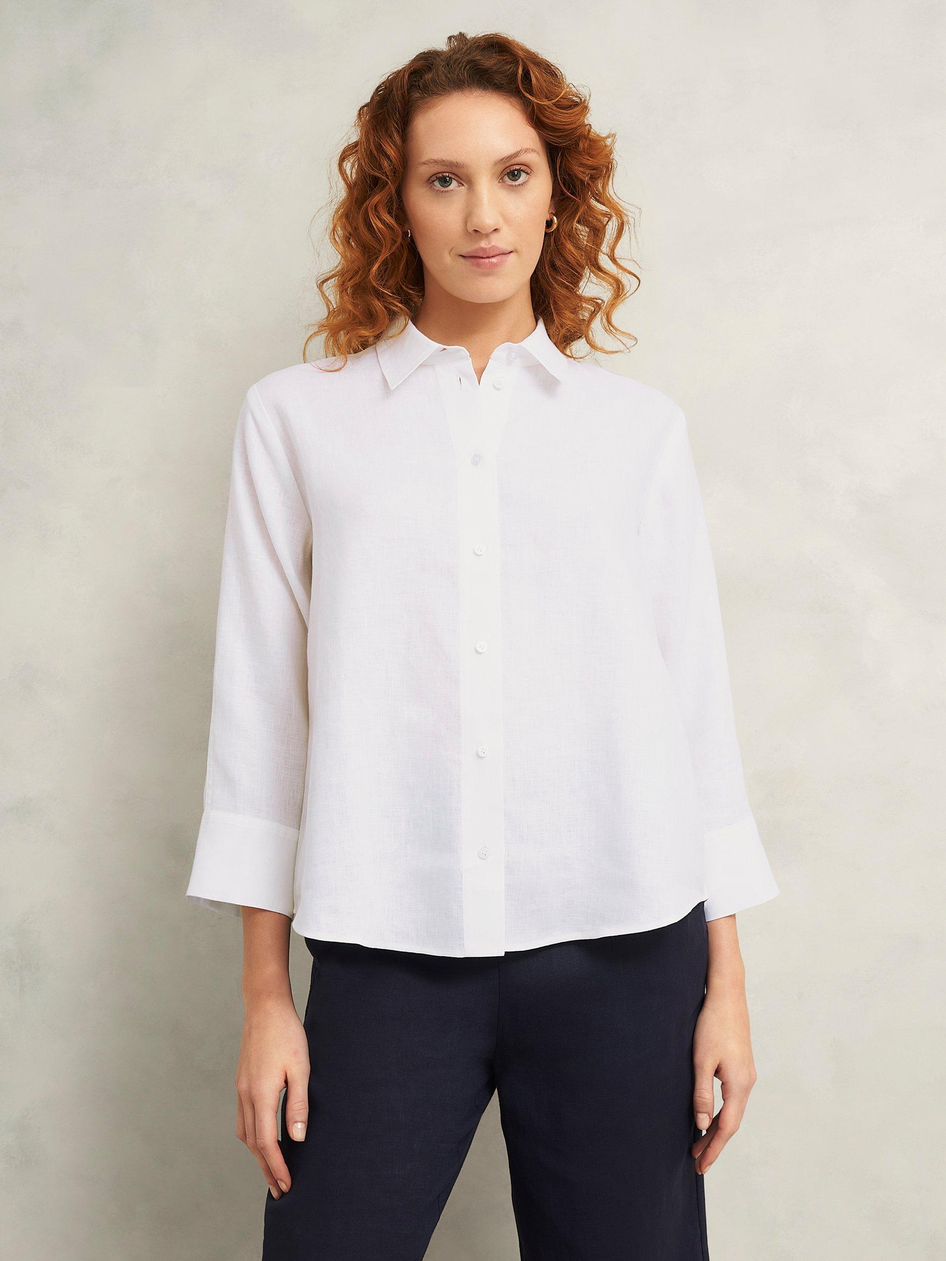 Product image 1 of 6, which shows Hobbs Vita Linen Three Quarter Sleeve Shirt, White, 20