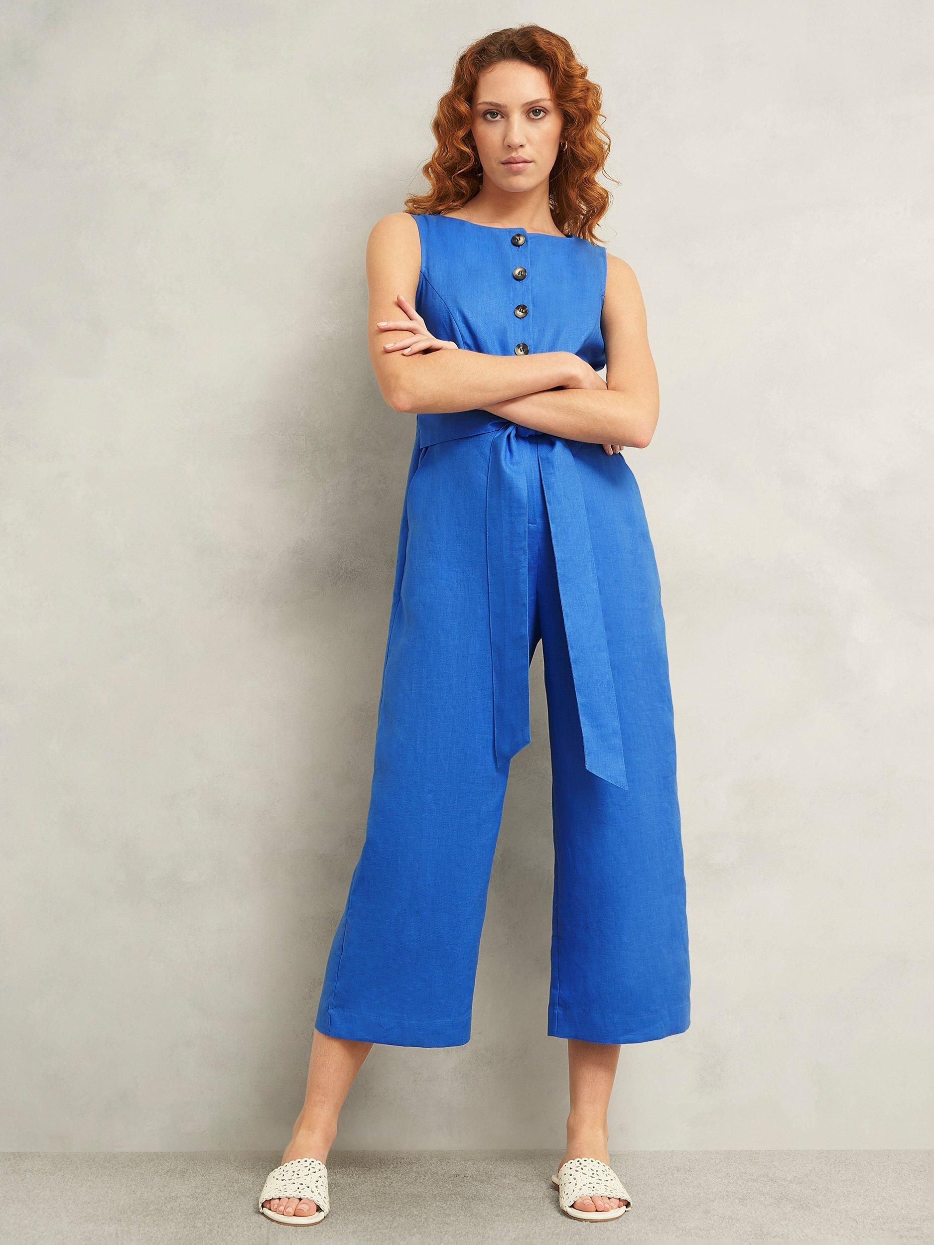 Product image 5 of 6, which shows Hobbs Melissa Pure Linen Jumpsuit, Bright Blue, 10