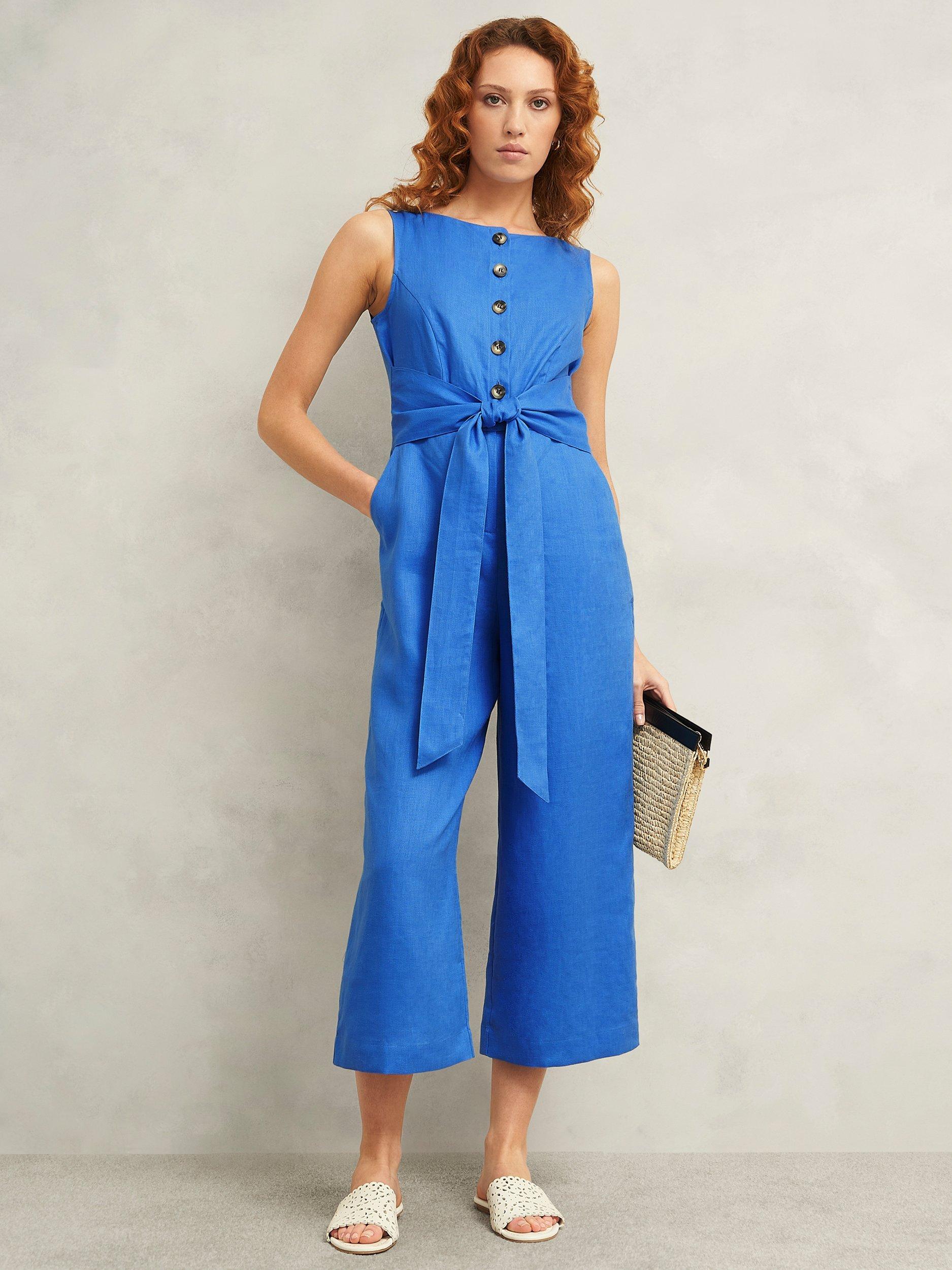 Product image 1 of 6, which shows Hobbs Petite Melissa Pure Linen Jumpsuit, Bright Blue, 10
