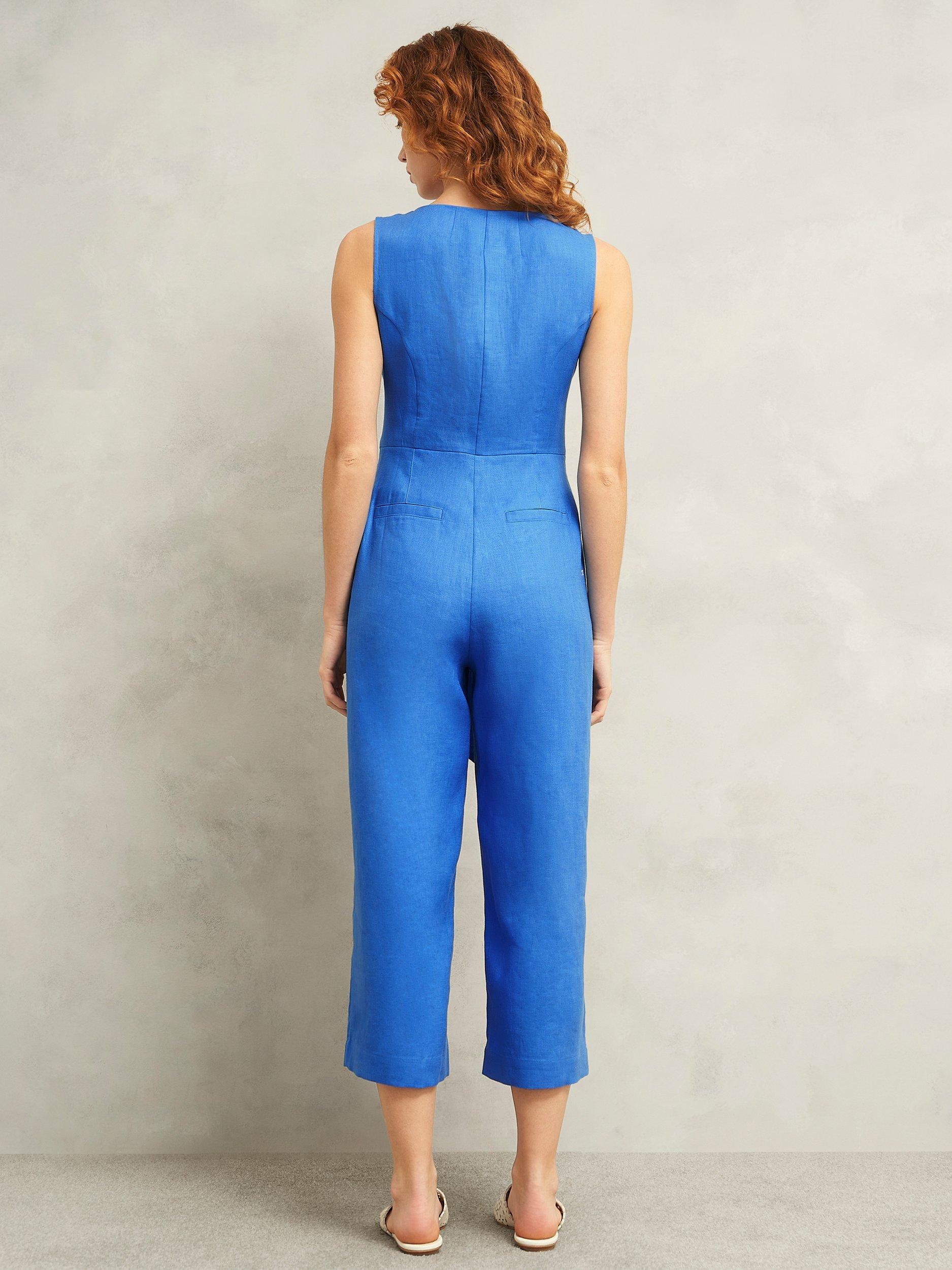 Product image 2 of 6, which shows Hobbs Petite Melissa Pure Linen Jumpsuit, Bright Blue, 10