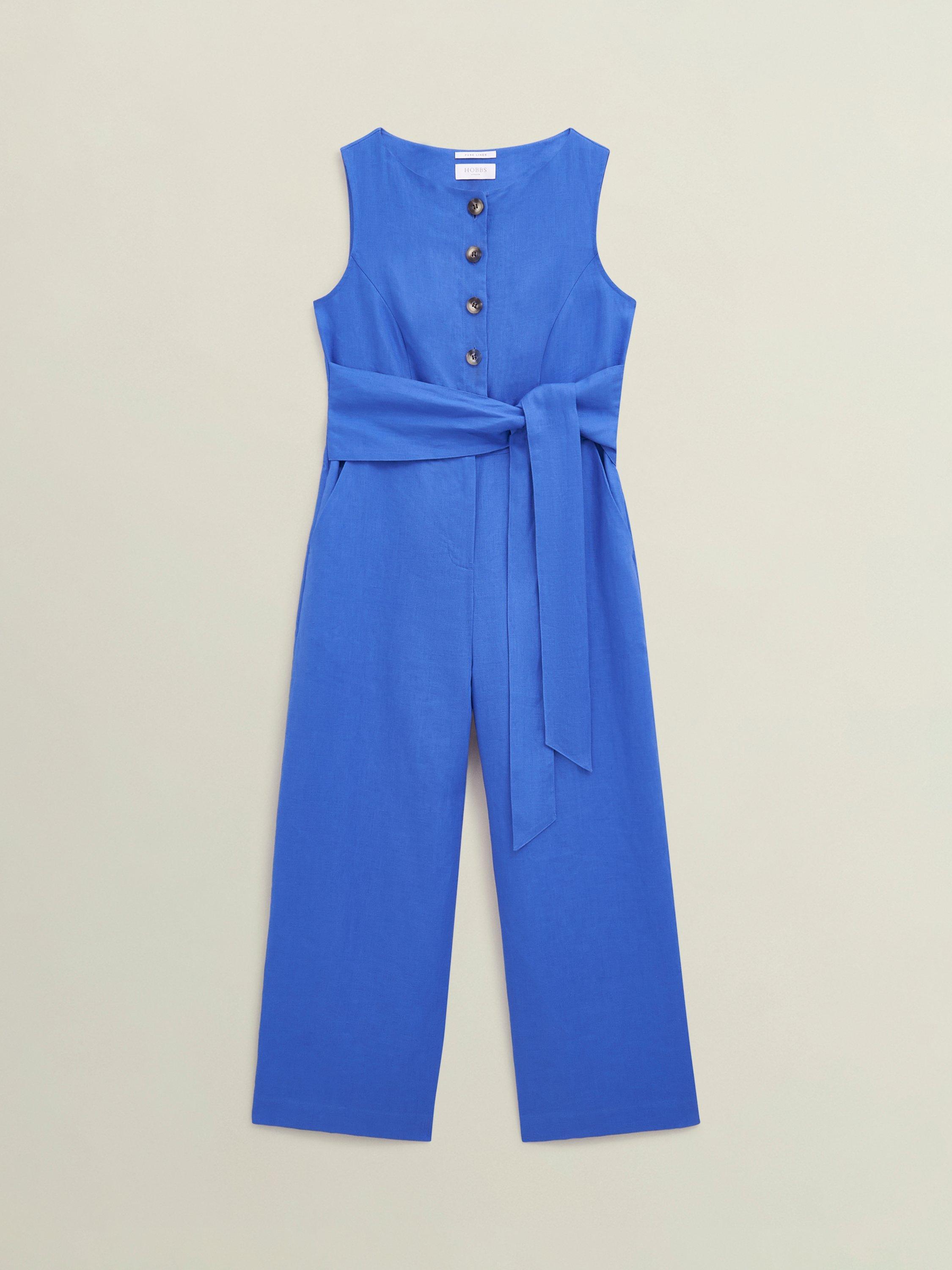 Product image 4 of 6, which shows Hobbs Petite Melissa Pure Linen Jumpsuit, Bright Blue, 10