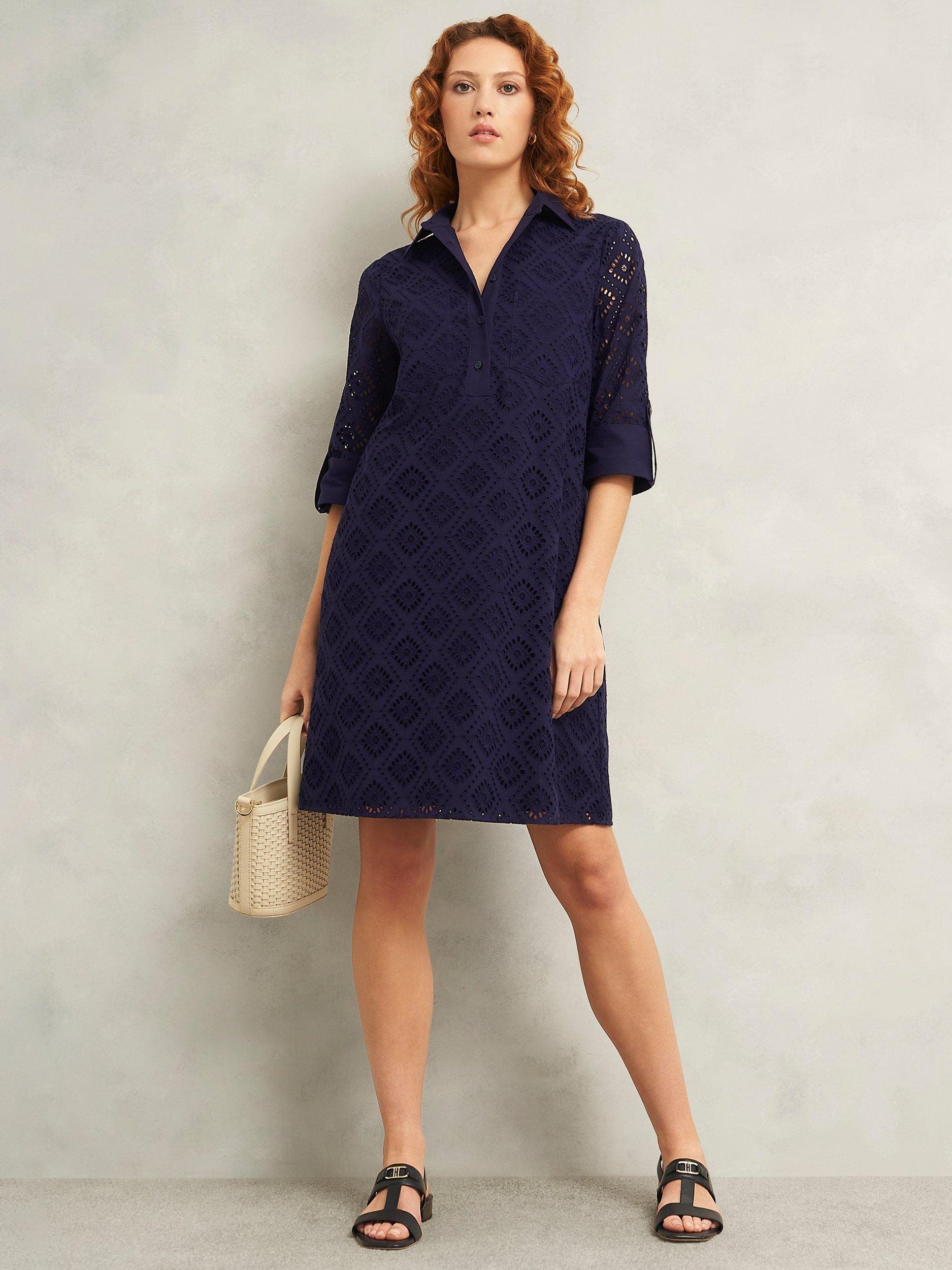 Product image 1 of 6, which shows Hobbs Marcia Broderie Tunic Dress, Navy Blue, 10