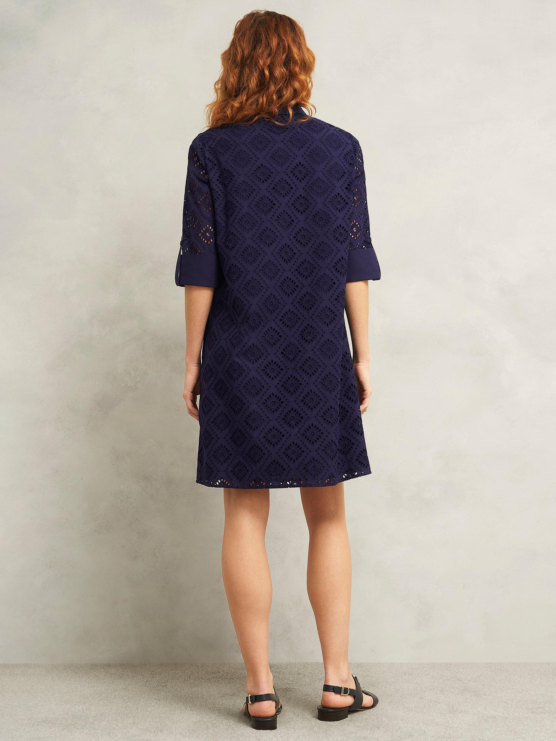Product image 2 of 6, which shows Hobbs Marcia Broderie Tunic Dress, Navy Blue, 10