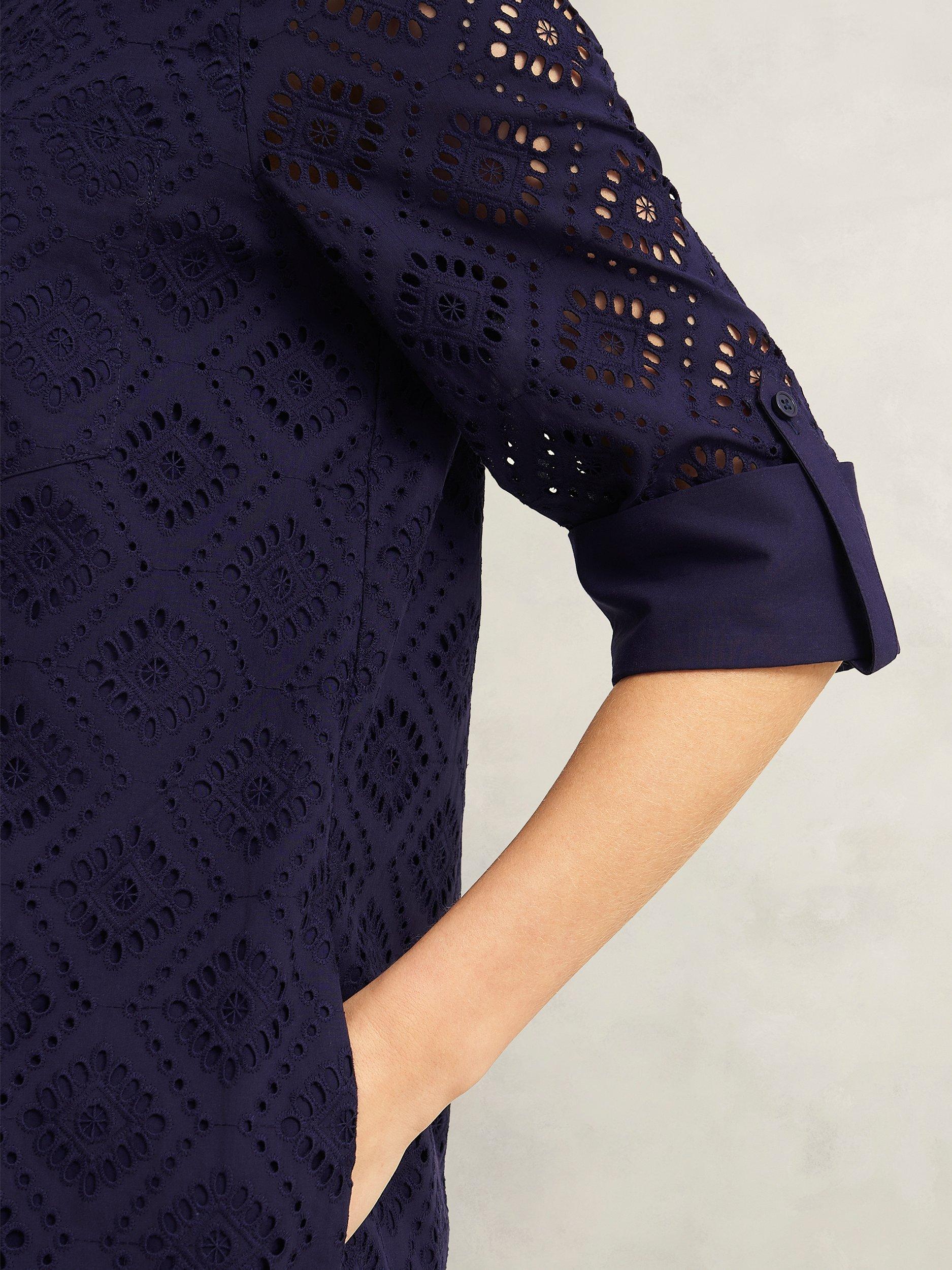 Product image 3 of 6, which shows Hobbs Marcia Broderie Tunic Dress, Navy Blue, 10