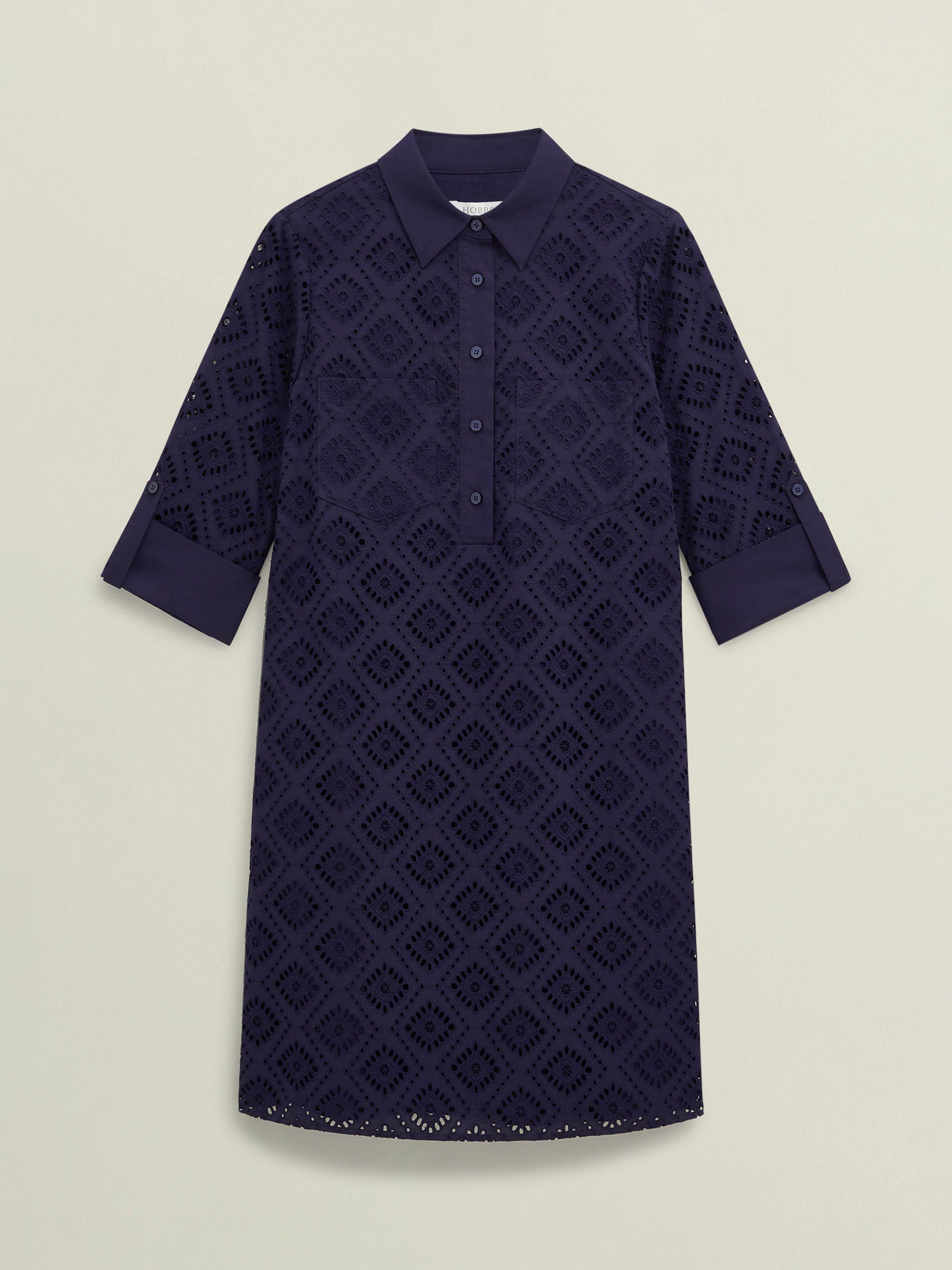 Product image 4 of 6, which shows Hobbs Marcia Broderie Tunic Dress, Navy Blue, 10
