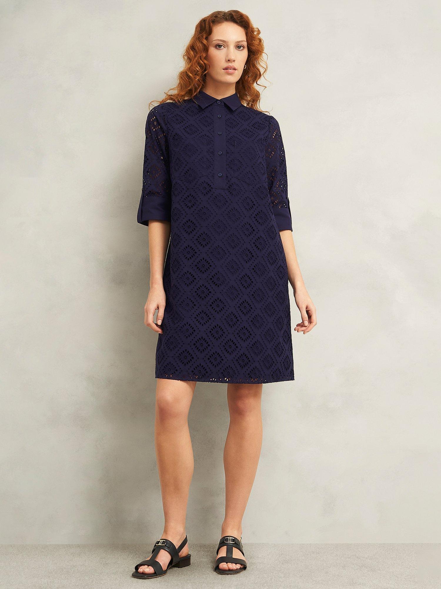 Product image 6 of 6, which shows Hobbs Marcia Broderie Tunic Dress, Navy Blue, 10