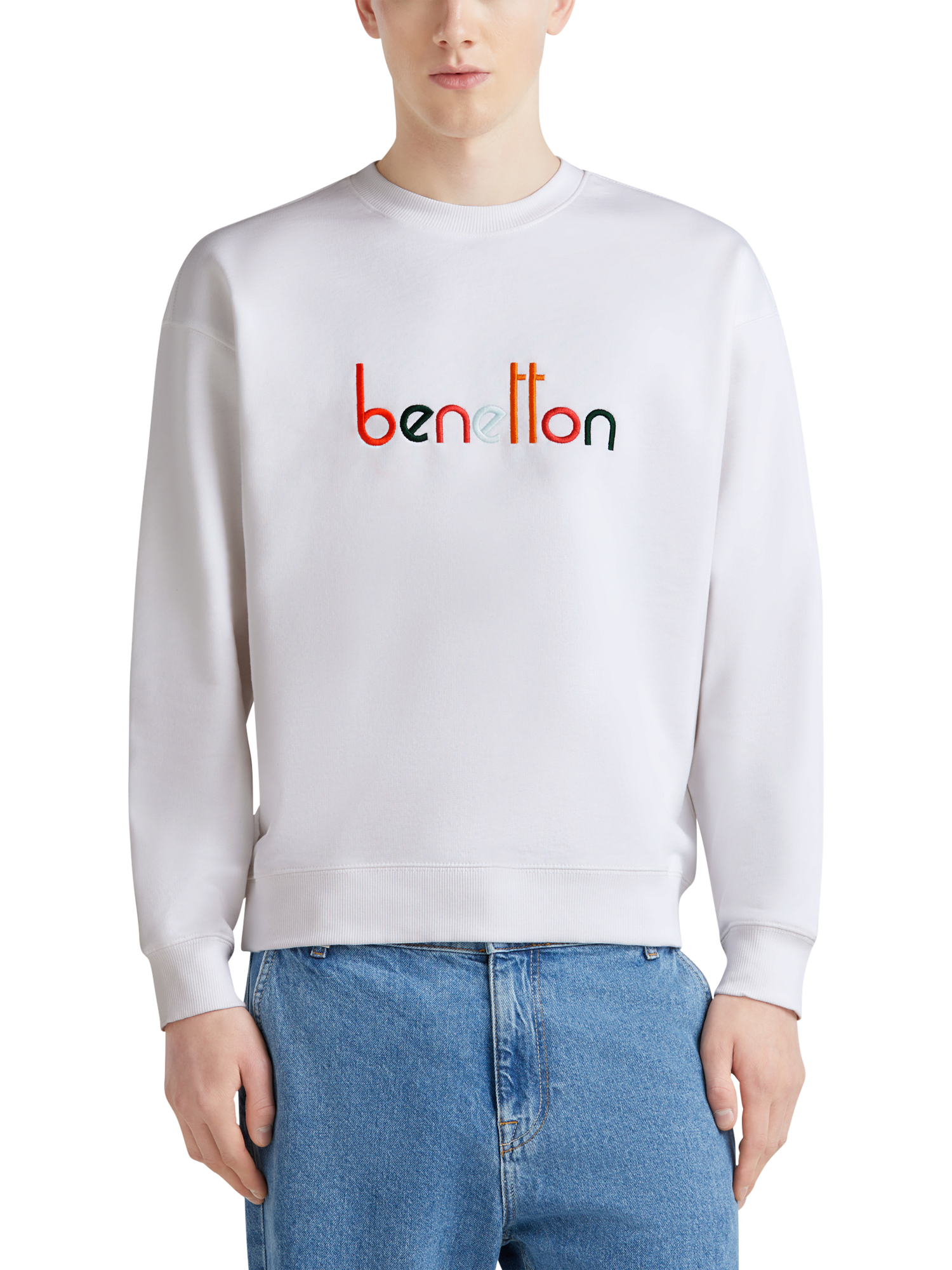 Product image 1 of 4, which shows Benetton Crew Neck Sweatshirt, White/Multi, M