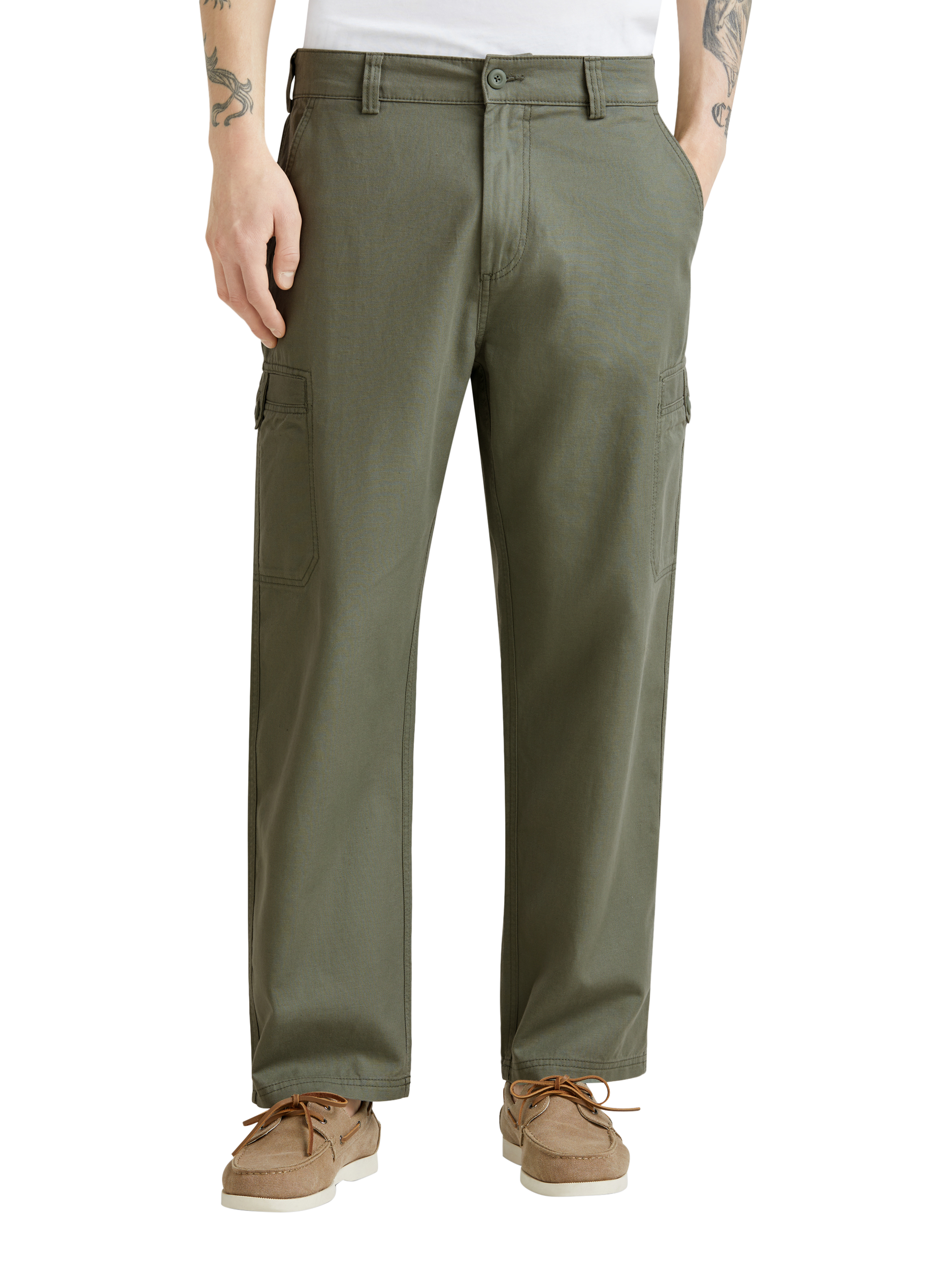 Product image 1 of 5, which shows Benetton Straight Fit Cargo Trousers, Mid Green, 32R