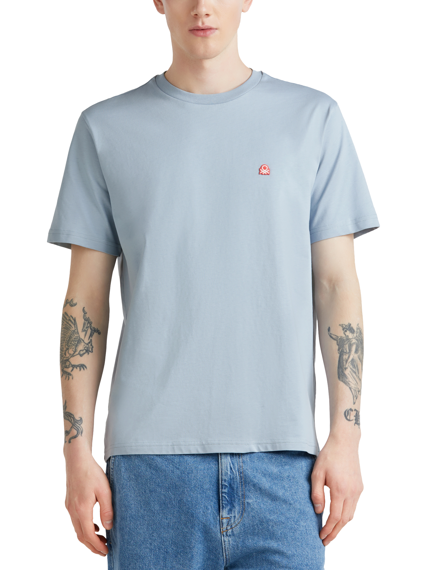 Product image 1 of 4, which shows Benetton Cotton Regular Fit Short Sleeve T-Shirt, Mid Blue, S