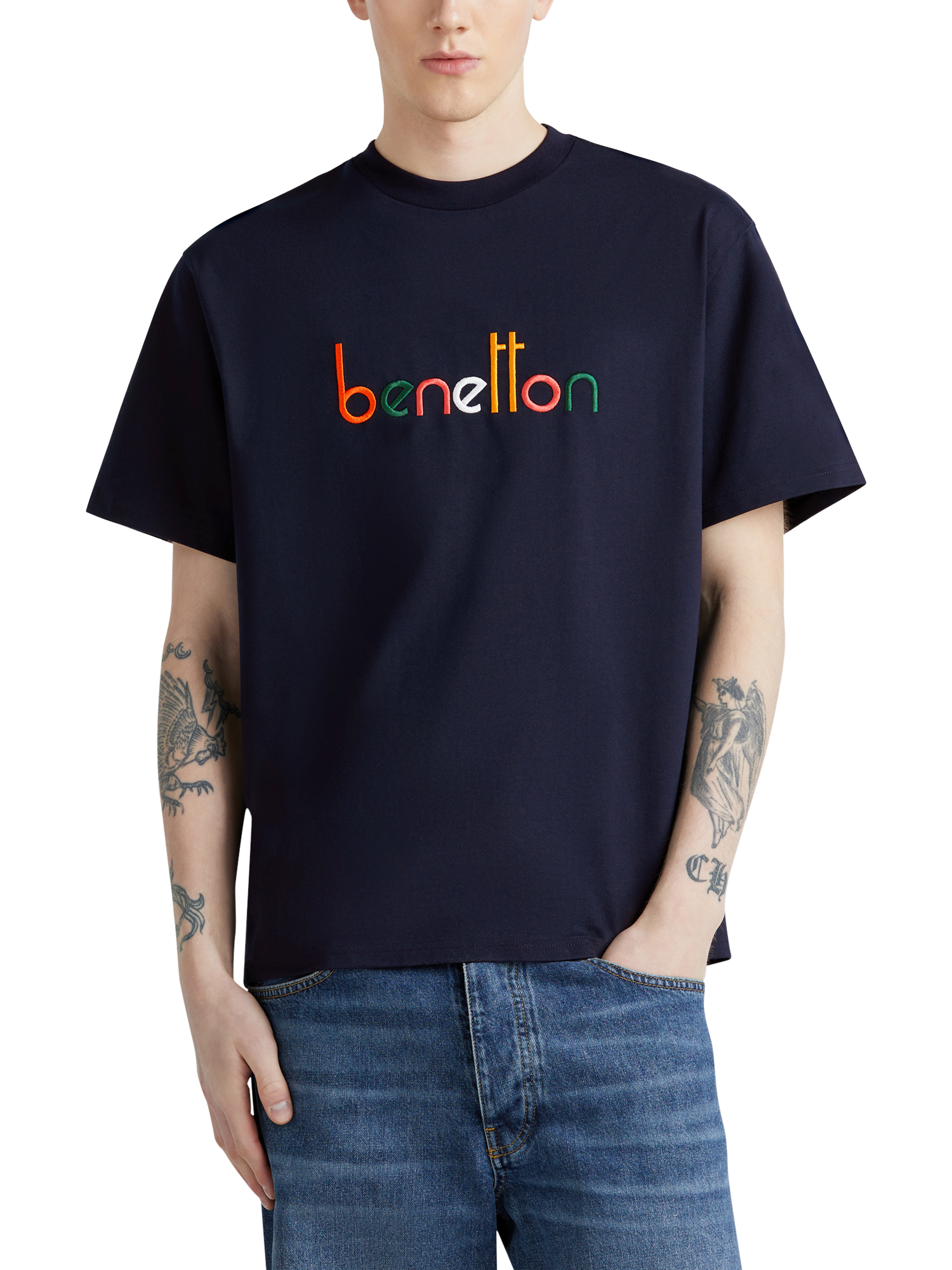 Benetton Cotton Regular Fit Short Sleeve Logo T-Shirt, Blue/Multi