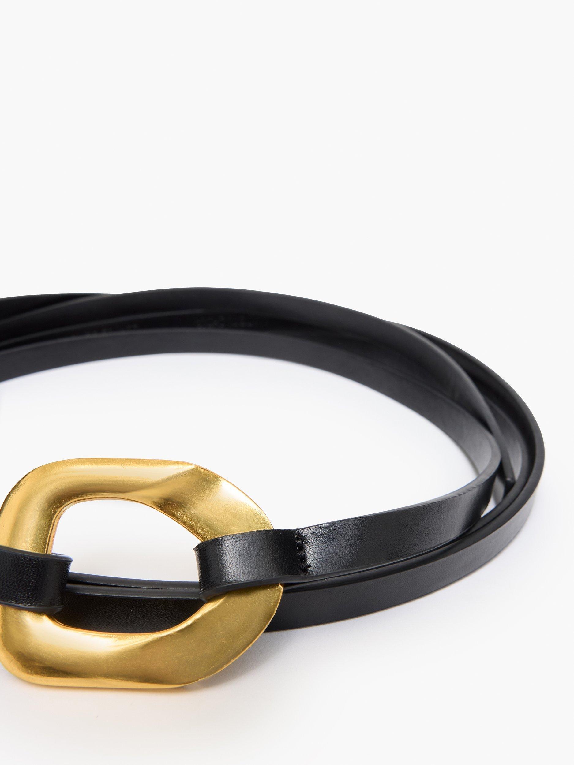 Product image 2 of 4, which shows French Connection Ornate Buckle Skinny Tie Belt, Black/Gold, One Size