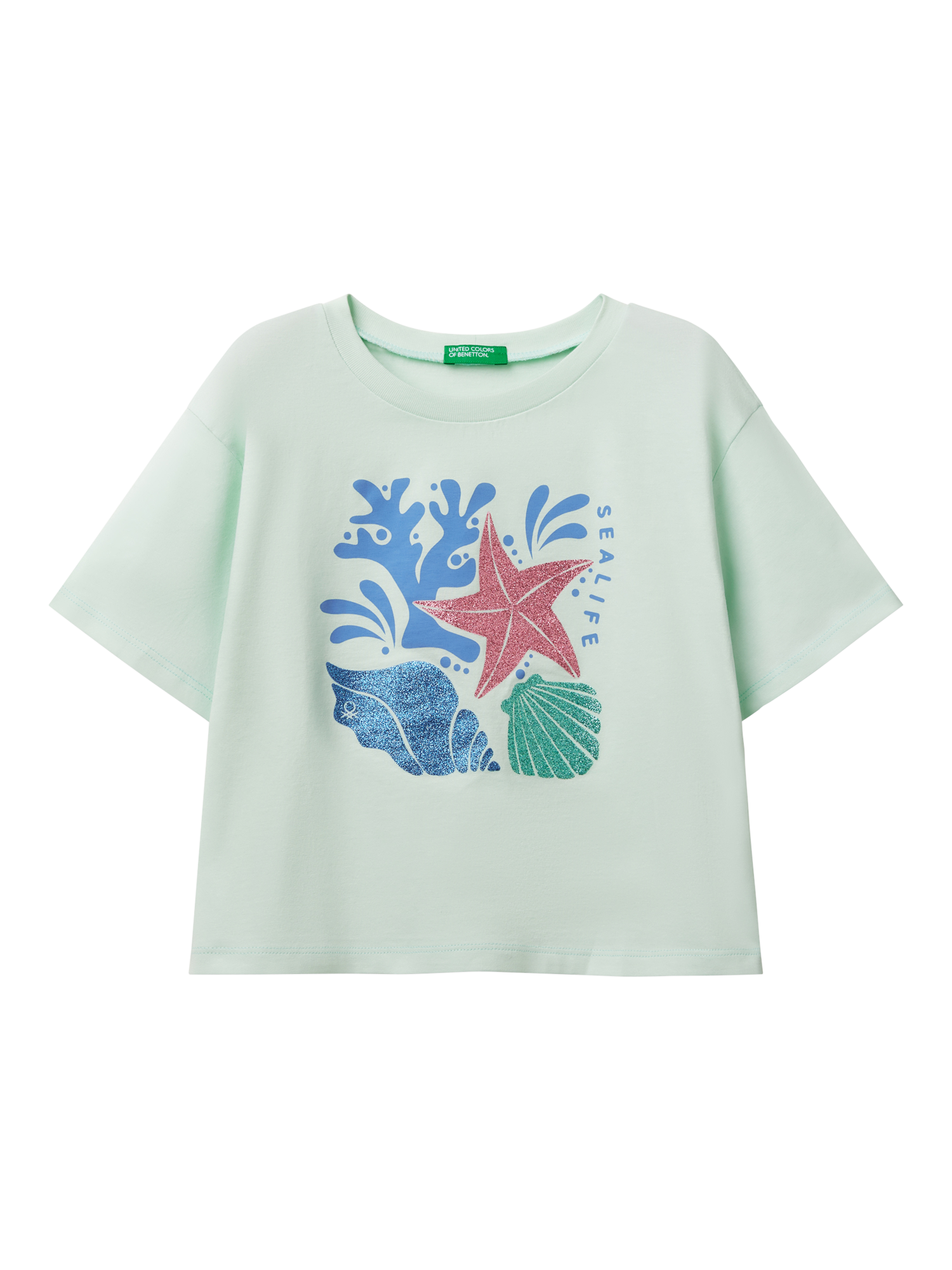 Product image 1 of 3, which shows Benetton Kids' Cotton Sea Life Graphic T-Shirt, Teal Green, 11-12 years