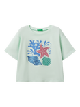 Benetton Kids' Cotton Sea Life Graphic T-Shirt, Teal Green