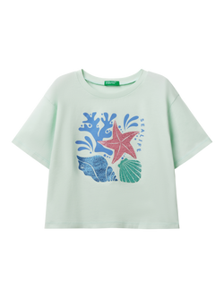 Benetton Kids' Cotton Sea Life Graphic T-Shirt, Teal Green, Teal Green