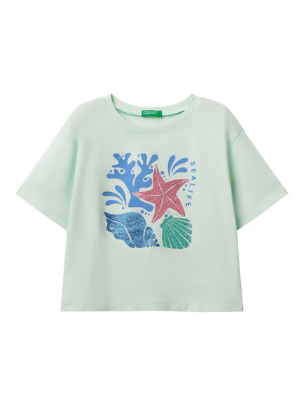 Benetton Kids' Cotton Sea Life Graphic T-Shirt, Teal Green, Teal Green