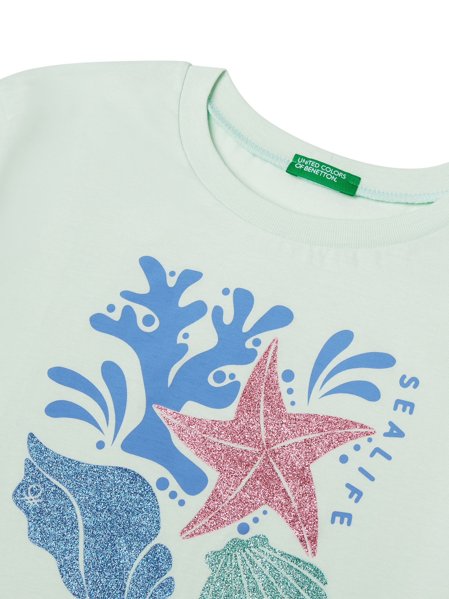 Product image 3 of 3, which shows Benetton Kids' Cotton Sea Life Graphic T-Shirt, Teal Green, 11-12 years