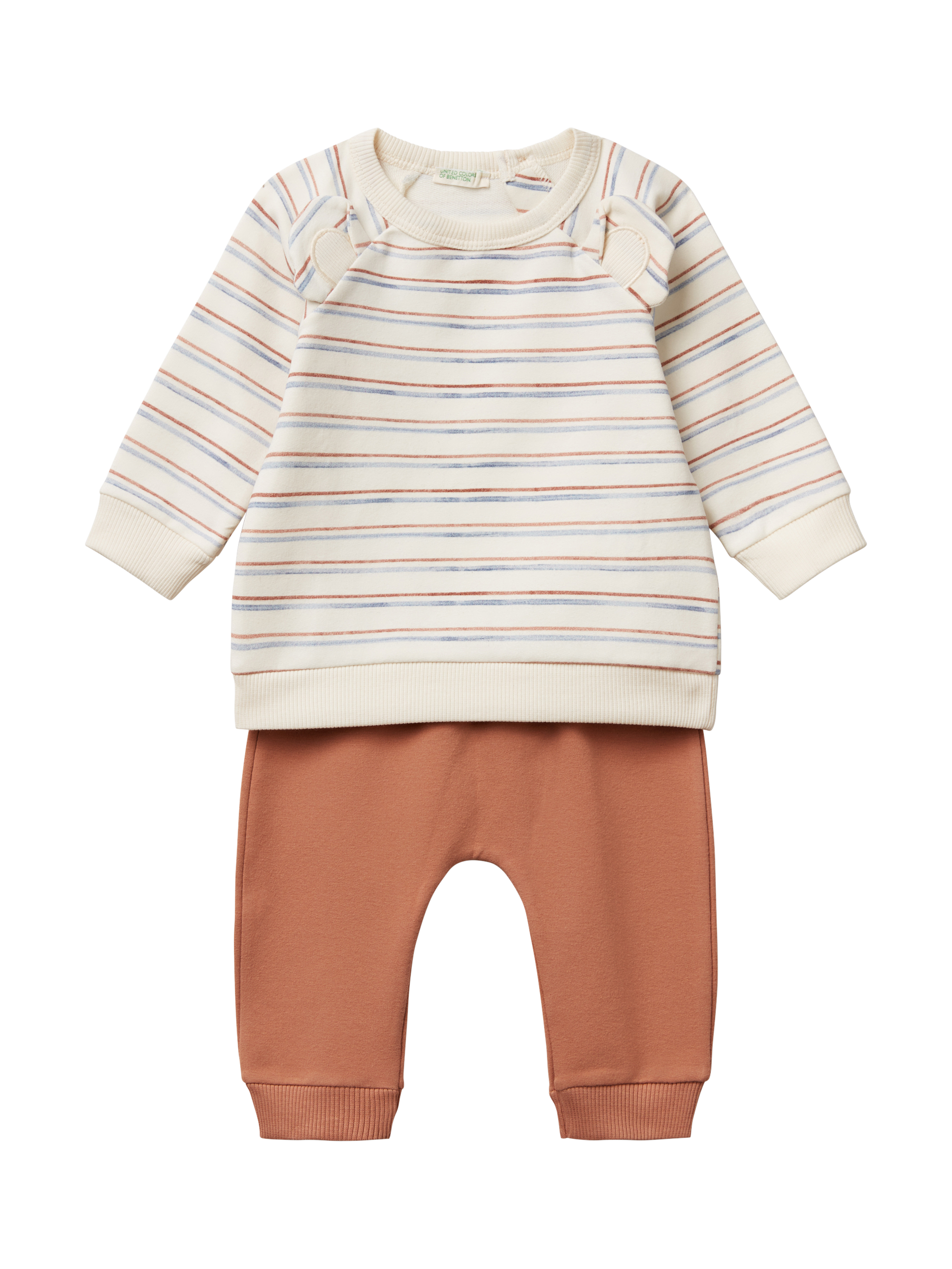 Product image 1 of 4, which shows Benetton Baby Stripe Long Sleeve Top & Joggers Set, Cream/Brown, 12-18 months