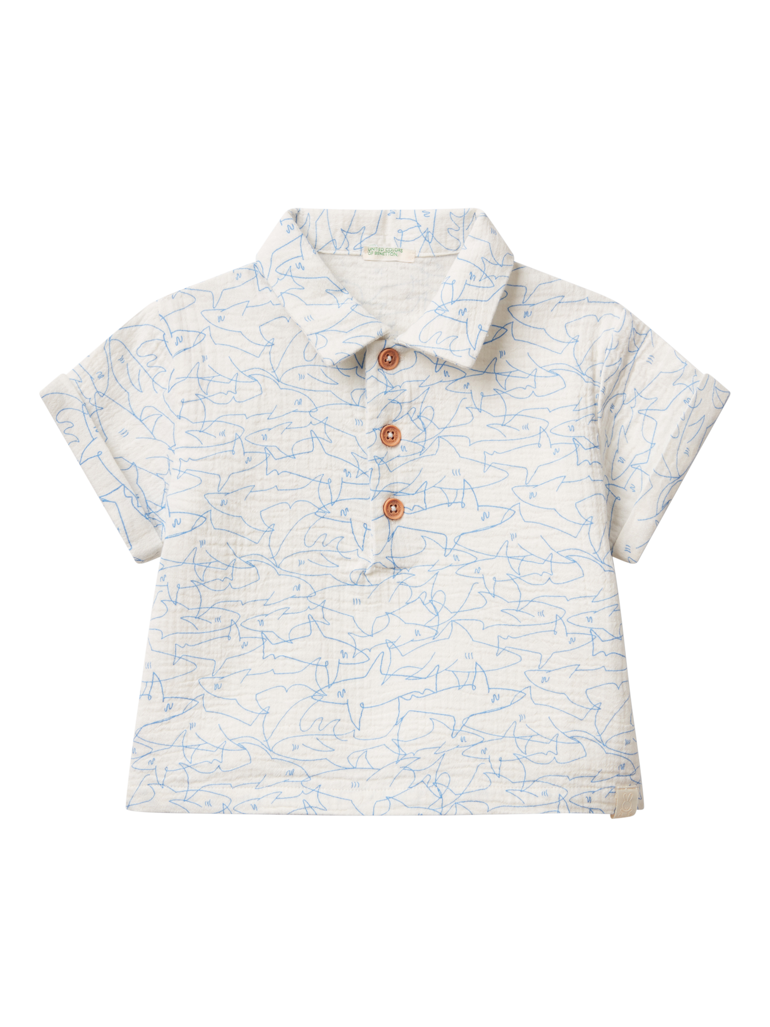 Product image 1 of 3, which shows Benetton Baby Cotton Shark Print Polo Shirt, Off White, 12-18 months