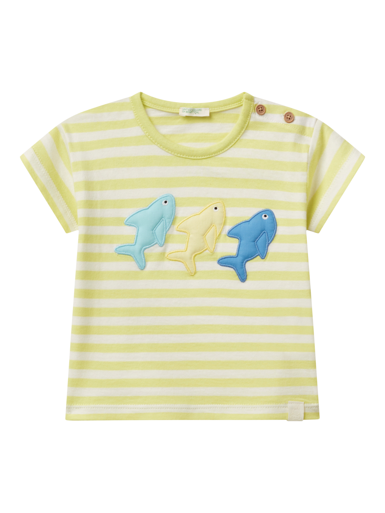 Product image 1 of 3, which shows Benetton Baby Cotton Applique Stripe T-Shirt, Lime, 1-3 months
