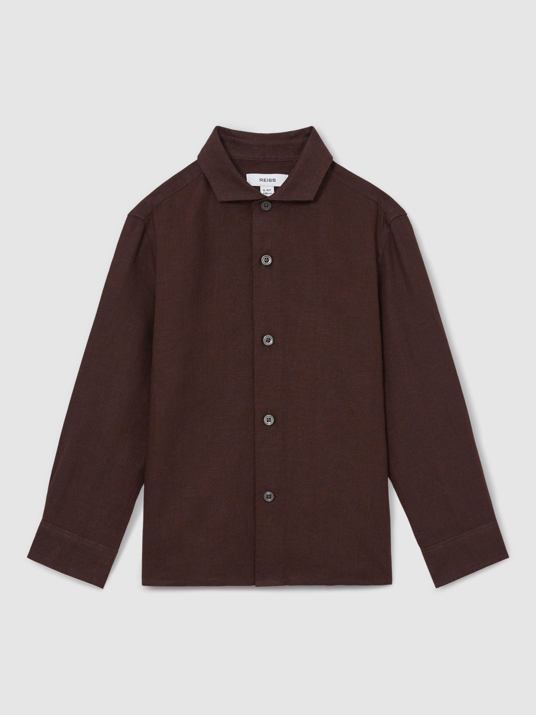 Product image 1 of 4, which shows Reiss Kids' Ruban Linen Shirt, Dark Brown, 6-7 years