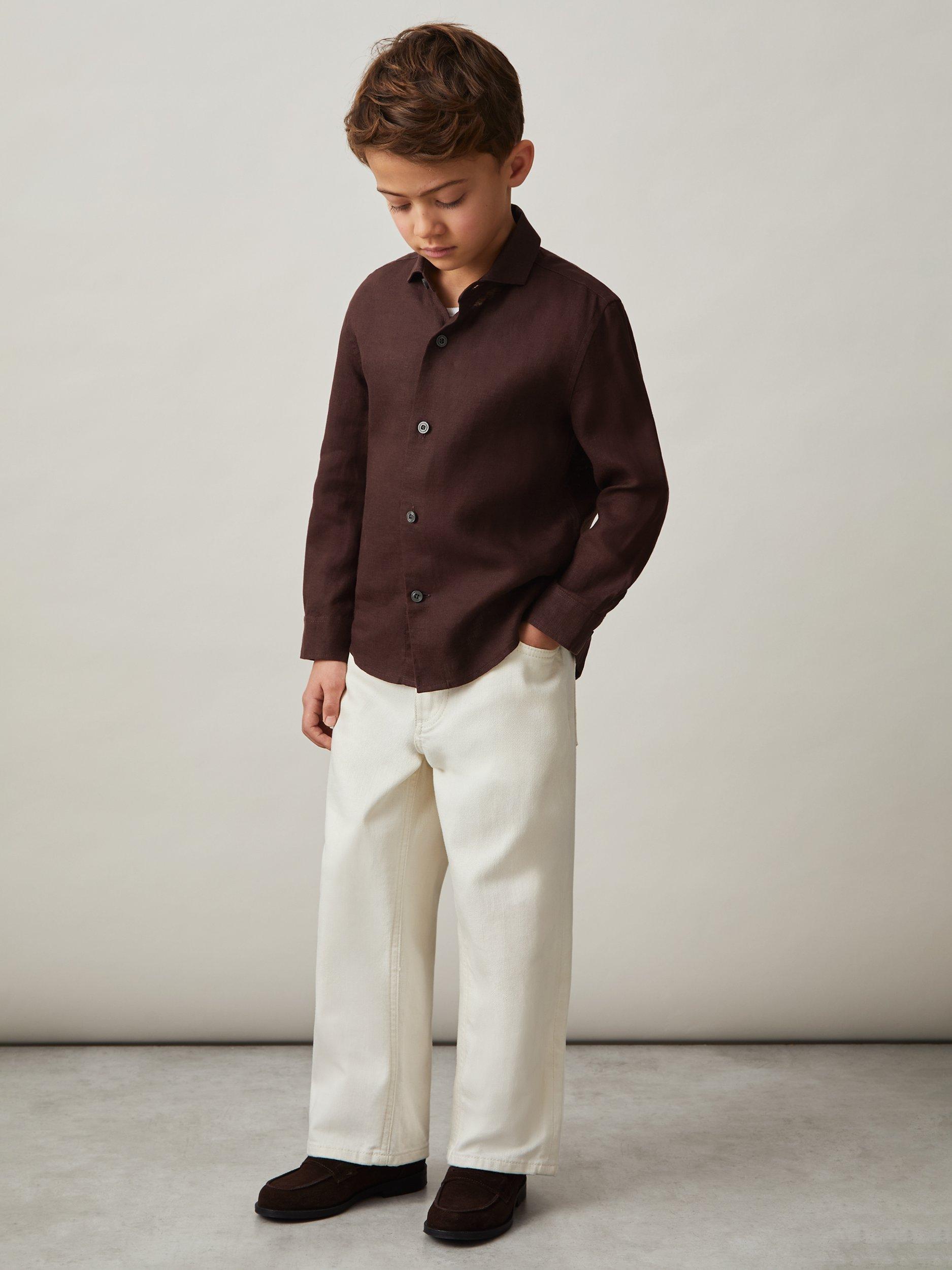 Product image 2 of 4, which shows Reiss Kids' Ruban Linen Shirt, Dark Brown, 6-7 years
