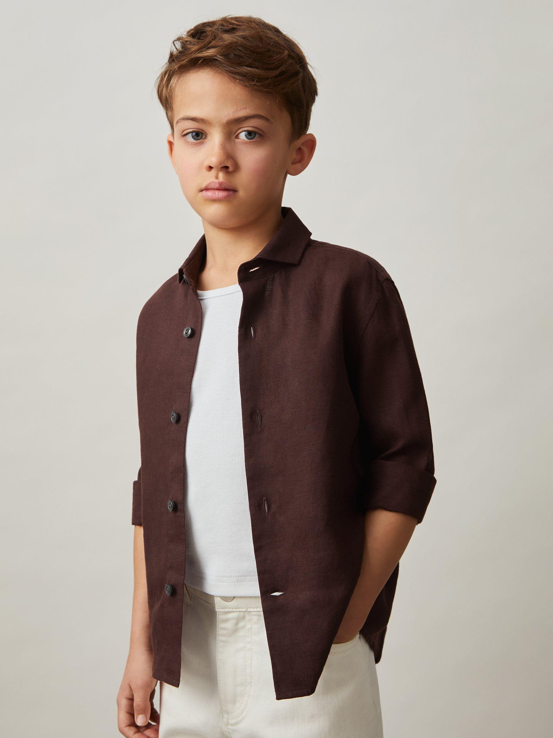 Product image 3 of 4, which shows Reiss Kids' Ruban Linen Shirt, Dark Brown, 6-7 years