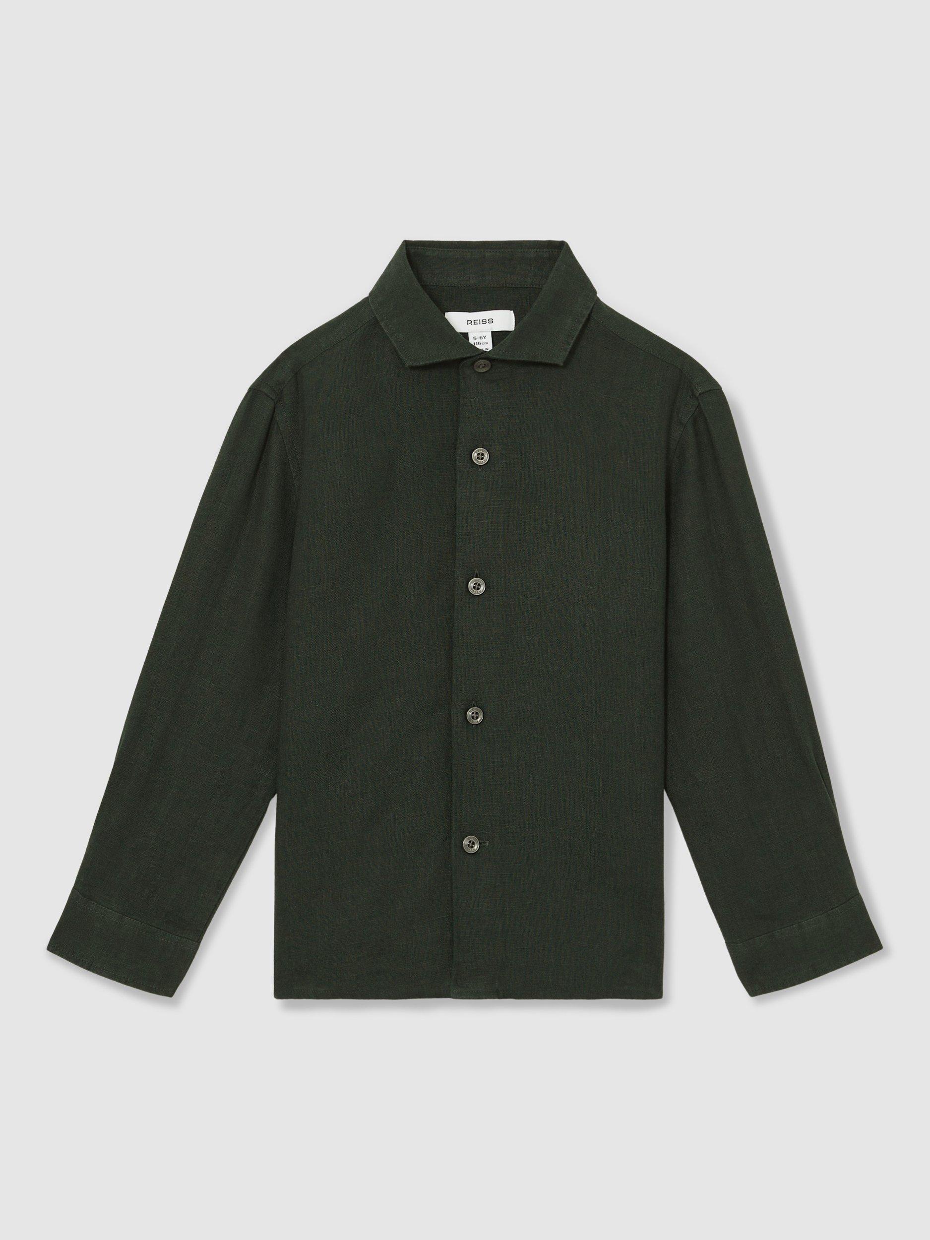 Product image 1 of 4, which shows Reiss Kids' Ruban Linen Shirt, Dark Green, 6-7 years