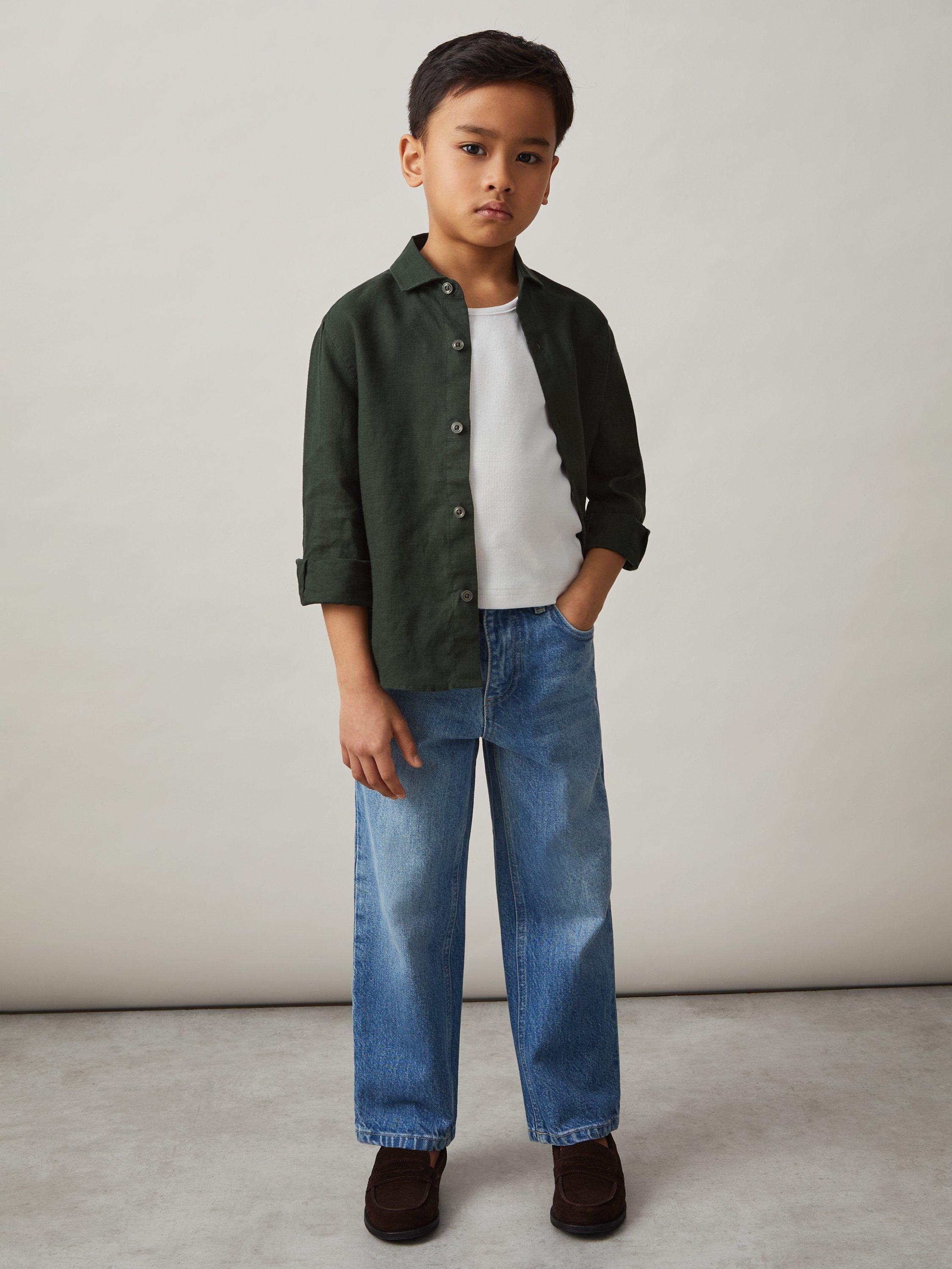 Product image 2 of 4, which shows Reiss Kids' Ruban Linen Shirt, Dark Green, 6-7 years