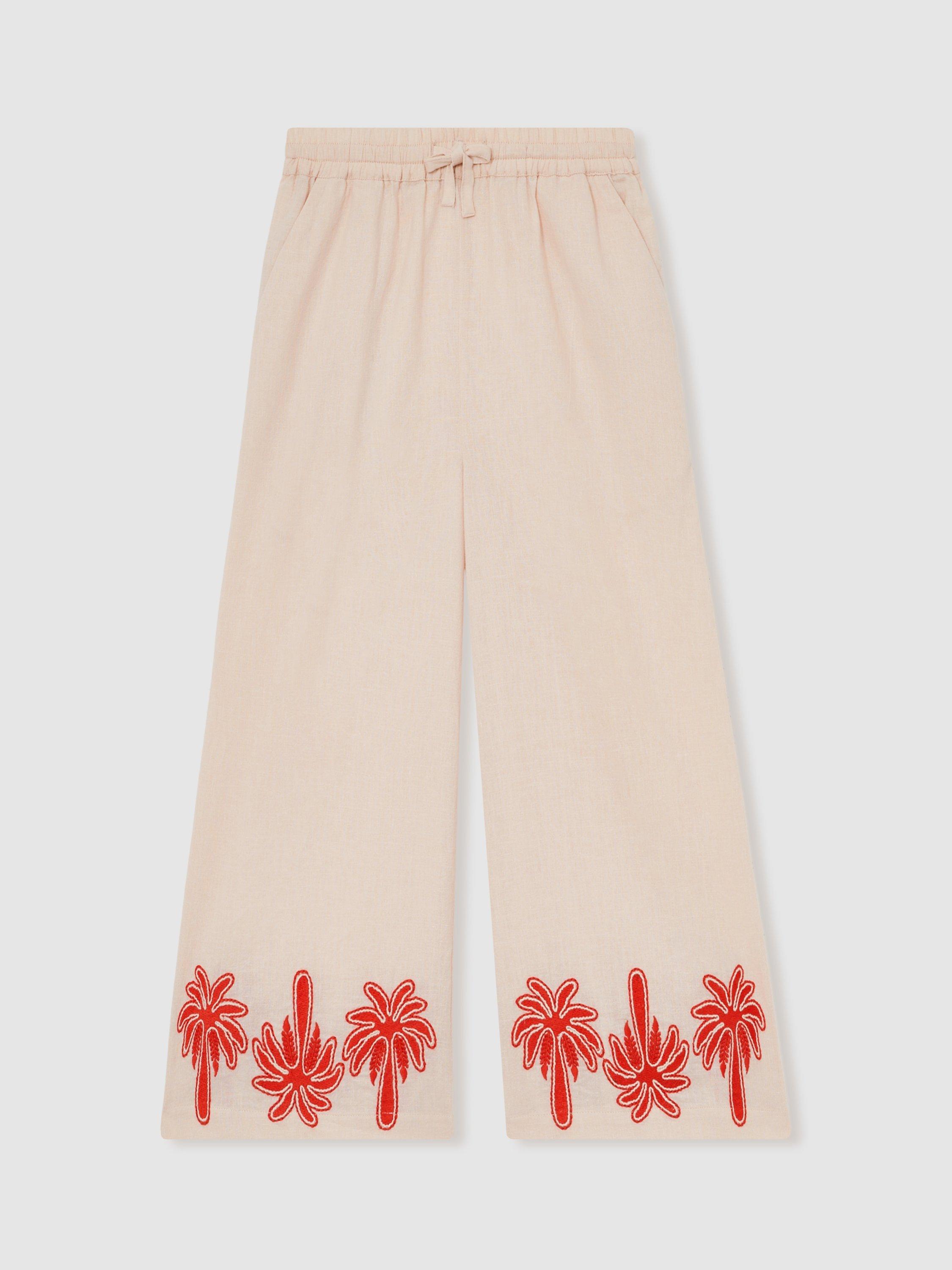 Product image 2 of 4, which shows Reiss Kids' Cate Linen Blend Palm Embroidery Trousers, Stone, 5-6 years