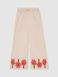 Reiss Kids' Cate Linen Blend Palm Embroidery Trousers, Stone