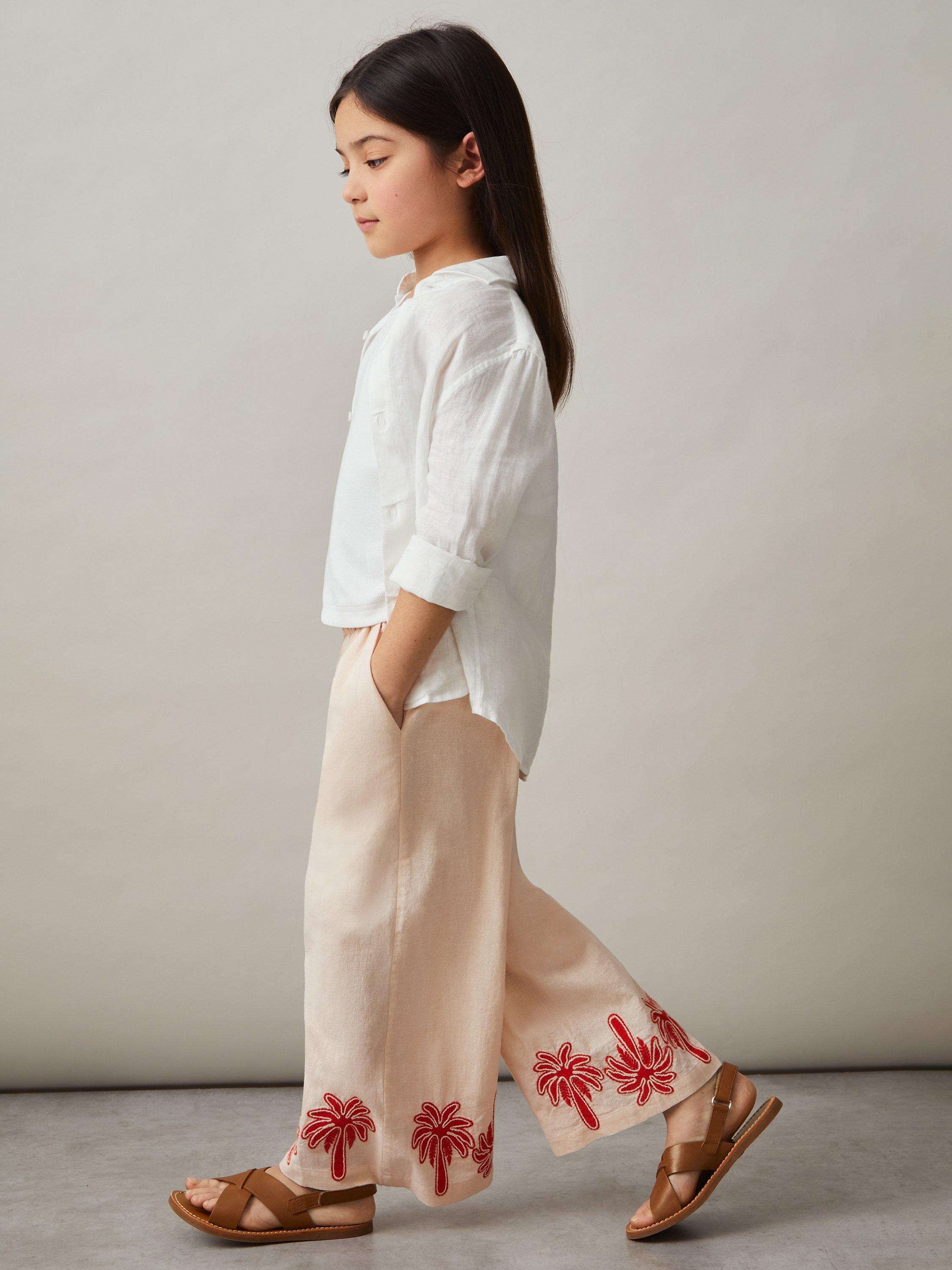 Product image 3 of 4, which shows Reiss Kids' Cate Linen Blend Palm Embroidery Trousers, Stone, 5-6 years