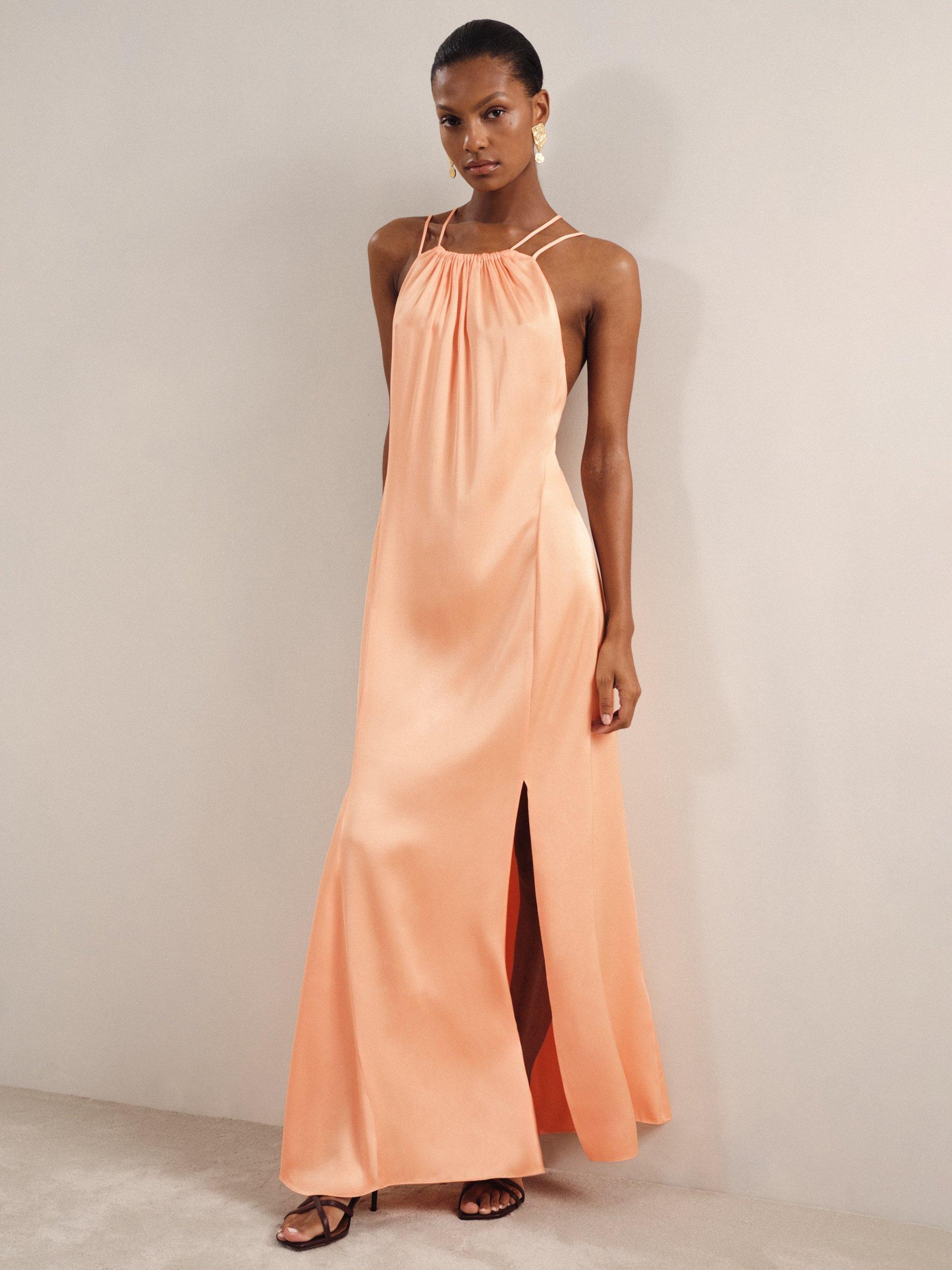 Product image 1 of 5, which shows Reiss Petite Tallie Satin Halterneck Dress, Peach, 6Pt
