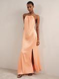 Reiss Petite Tallie Satin Halterneck Dress, Peach