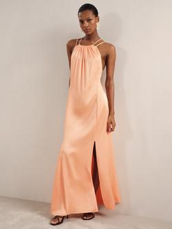 Reiss Petite Tallie Satin Halterneck Dress, Peach, Peach