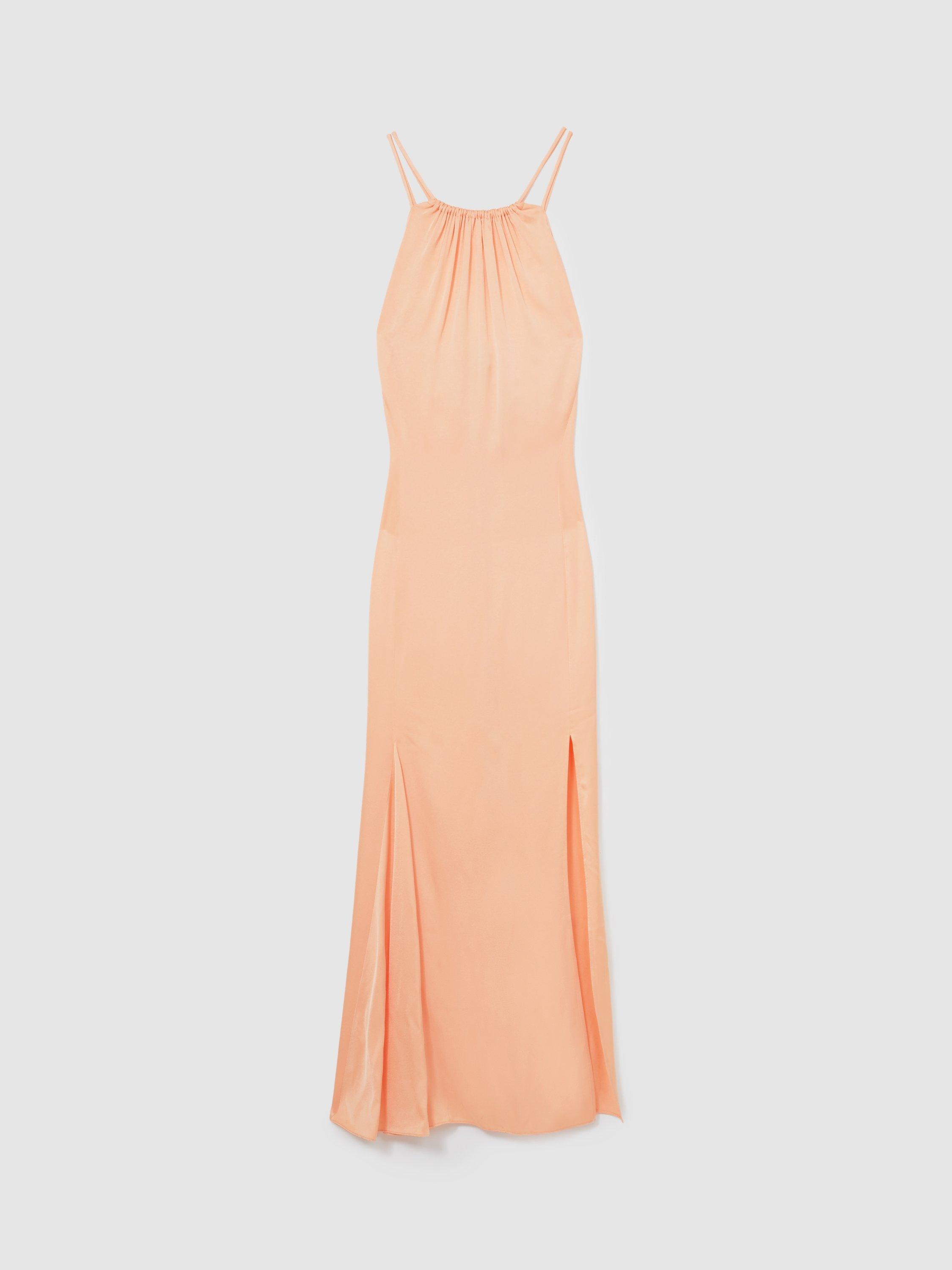 Product image 3 of 5, which shows Reiss Petite Tallie Satin Halterneck Dress, Peach, 6Pt