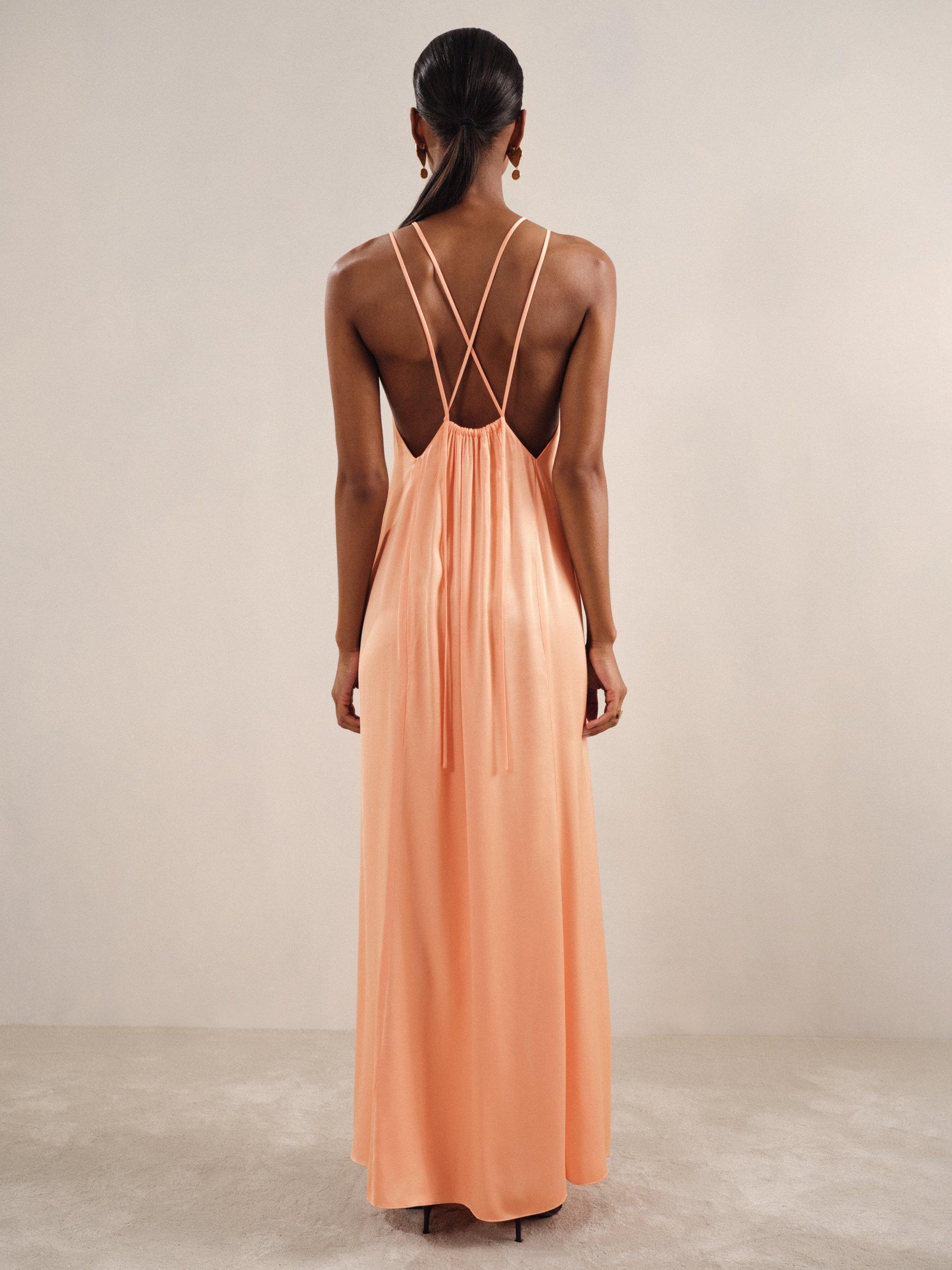 Product image 5 of 5, which shows Reiss Petite Tallie Satin Halterneck Dress, Peach, 6Pt