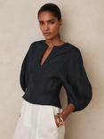 Reiss Remi Balloon Sleeve Pure Linen Top, Navy