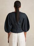Reiss Remi Balloon Sleeve Pure Linen Top, Navy