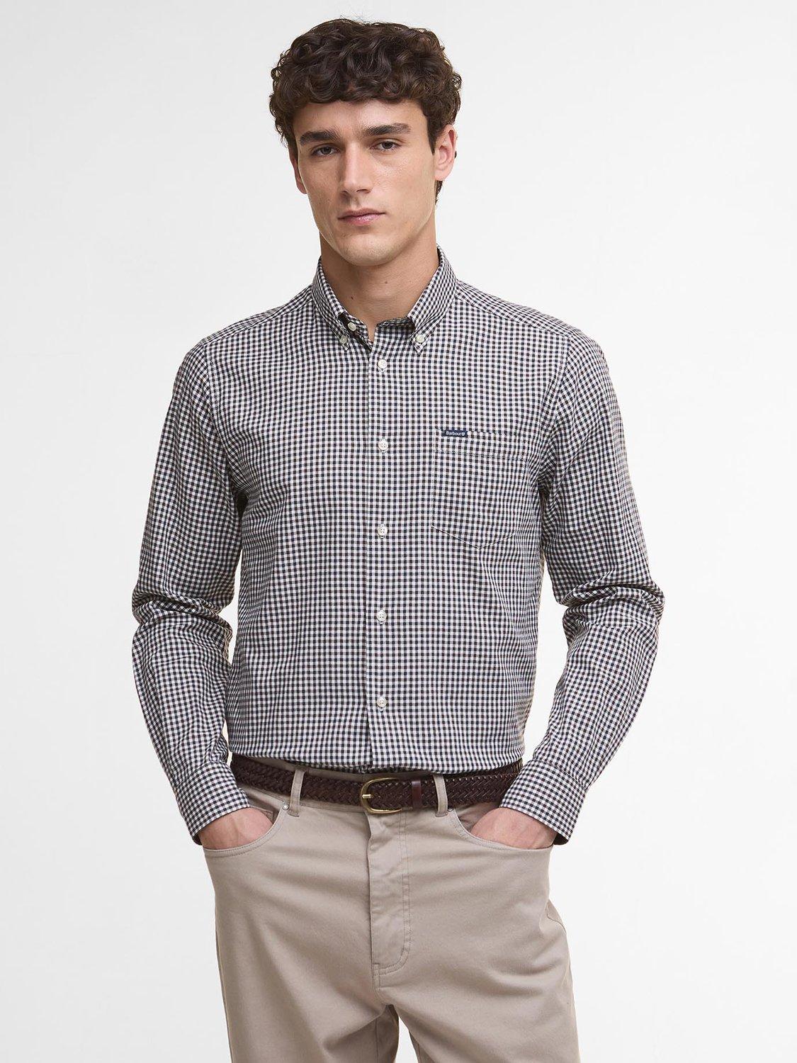 Product image 1 of 5, which shows Barbour Padshaw Cotton Tailored Fit Gingham Shirt, Dark Oak, S
