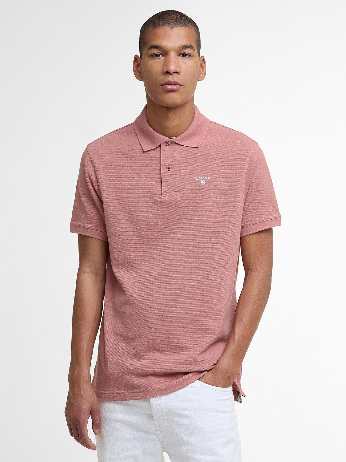 Product image 1 of 6, which shows Barbour Cotton Tartan Pique Polo Shirt, Earth Pink, S