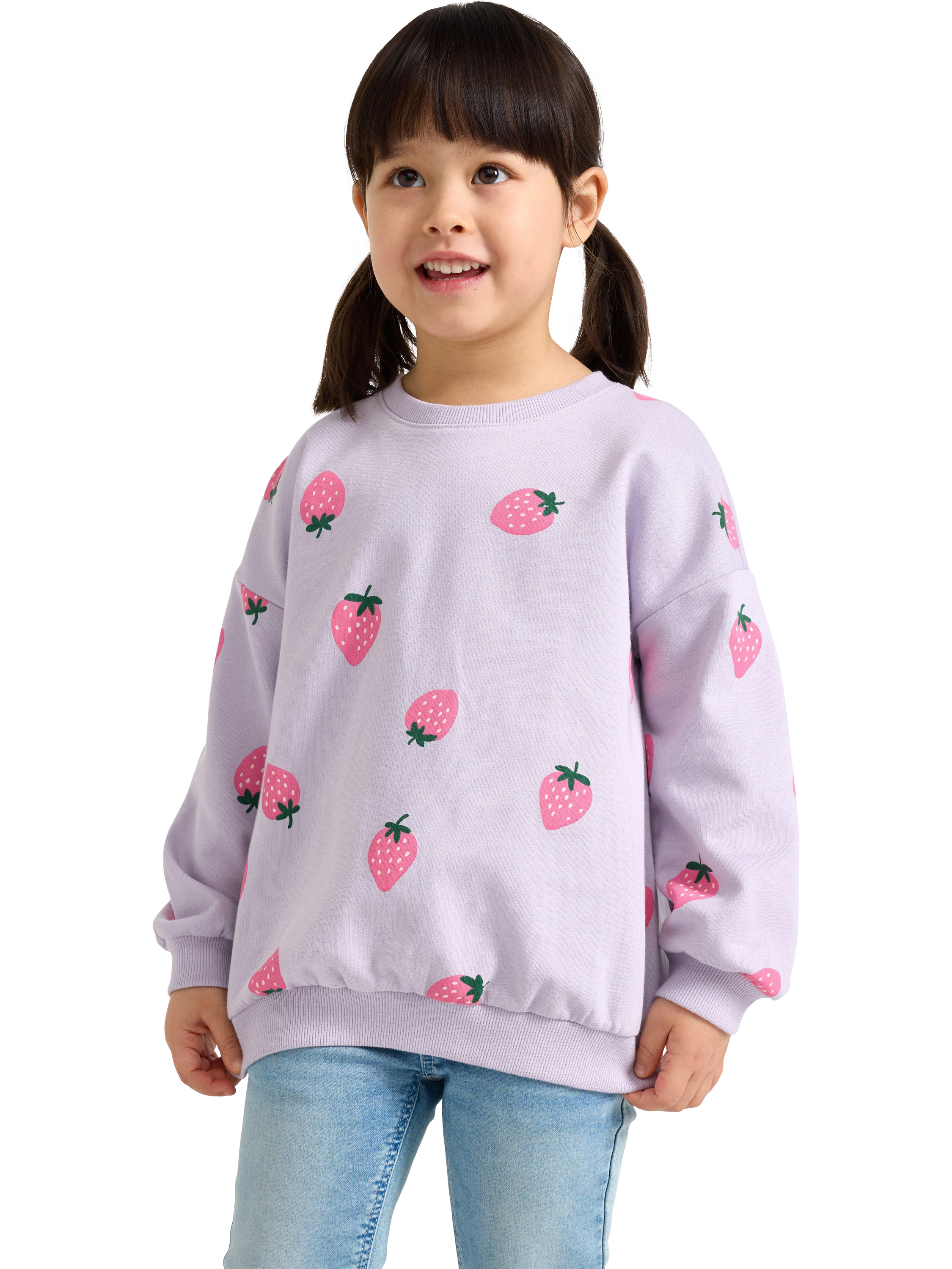 Product image 1 of 6, which shows Lindex Kids' Cotton Strawberry Crew Neck Sweatshirt, Light Dusty Lilac, 5-6 years