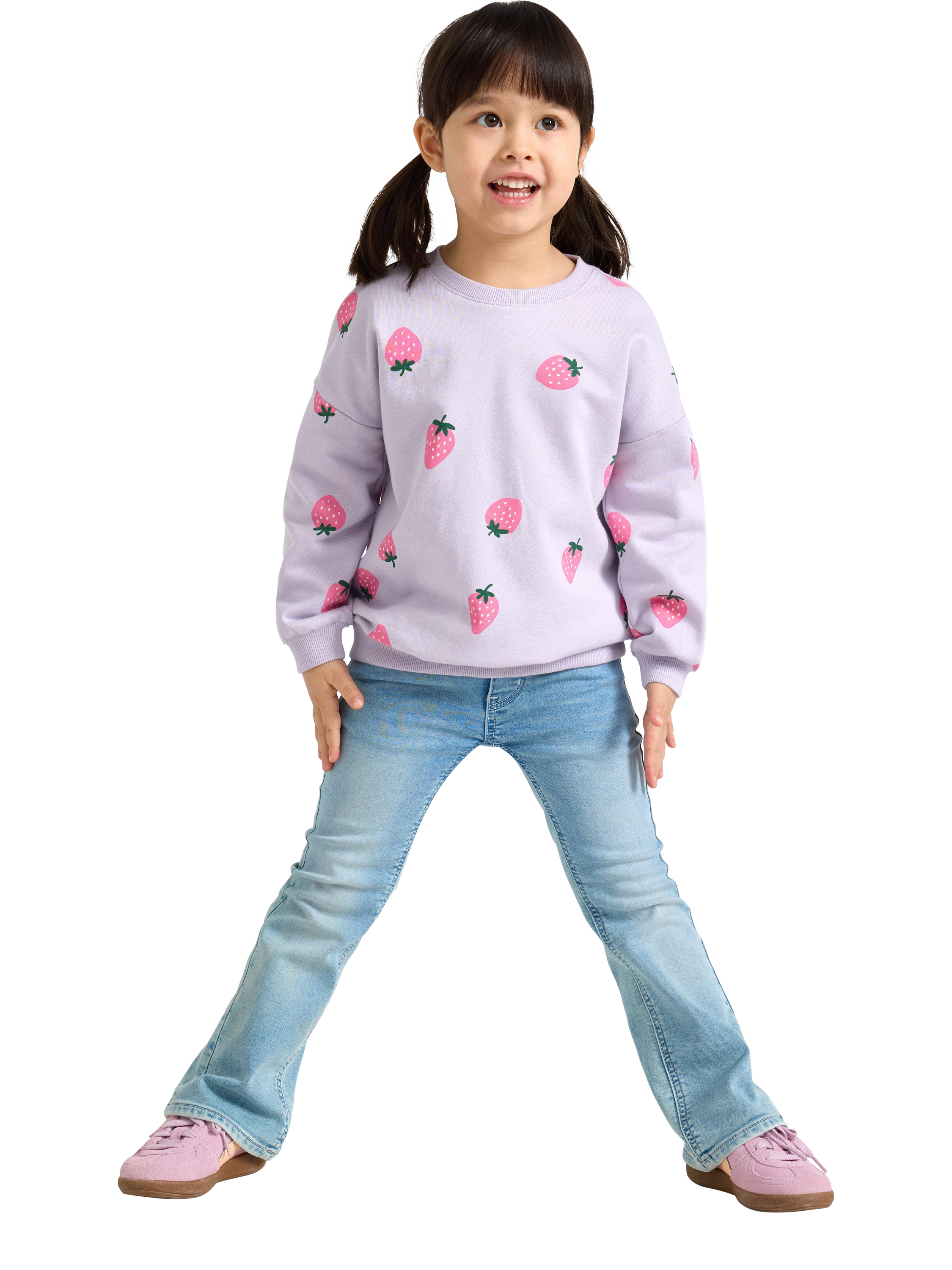 Product image 3 of 6, which shows Lindex Kids' Cotton Strawberry Crew Neck Sweatshirt, Light Dusty Lilac, 5-6 years