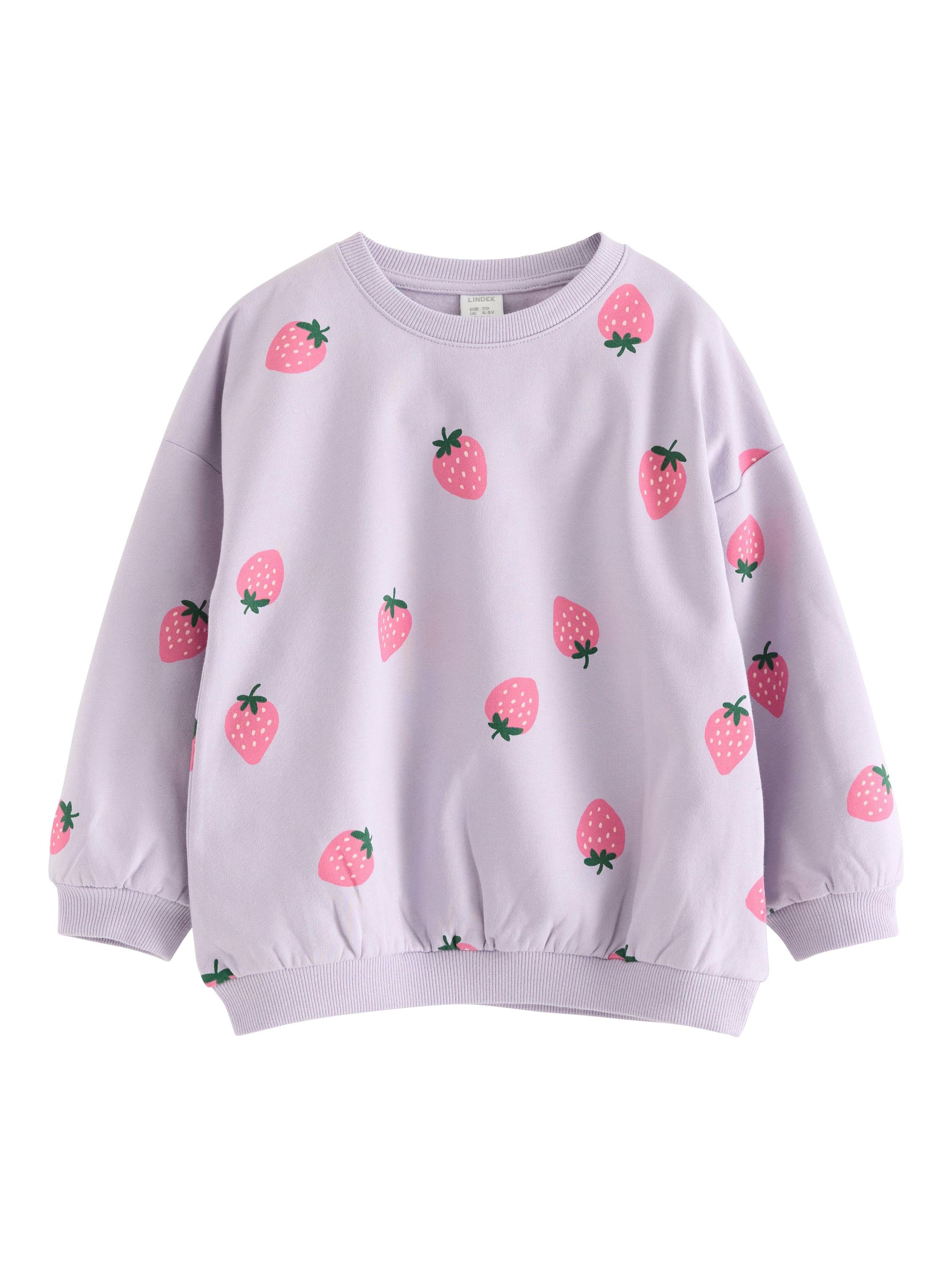 Product image 4 of 6, which shows Lindex Kids' Cotton Strawberry Crew Neck Sweatshirt, Light Dusty Lilac, 5-6 years