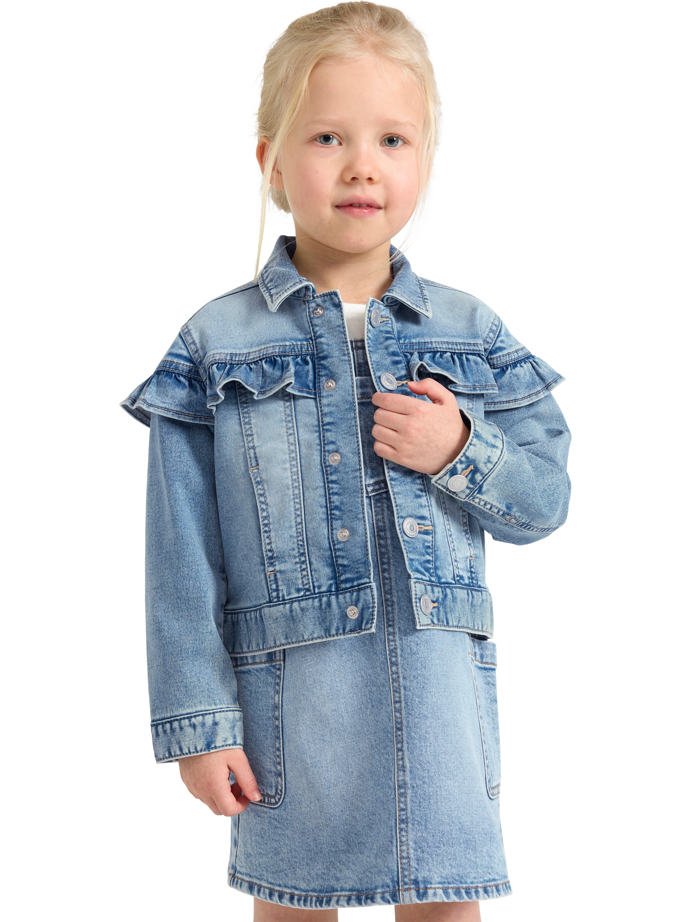 Product image 1 of 6, which shows Lindex Kids' Frill Denim Jersey Jacket, Light Denim, 6-7 years